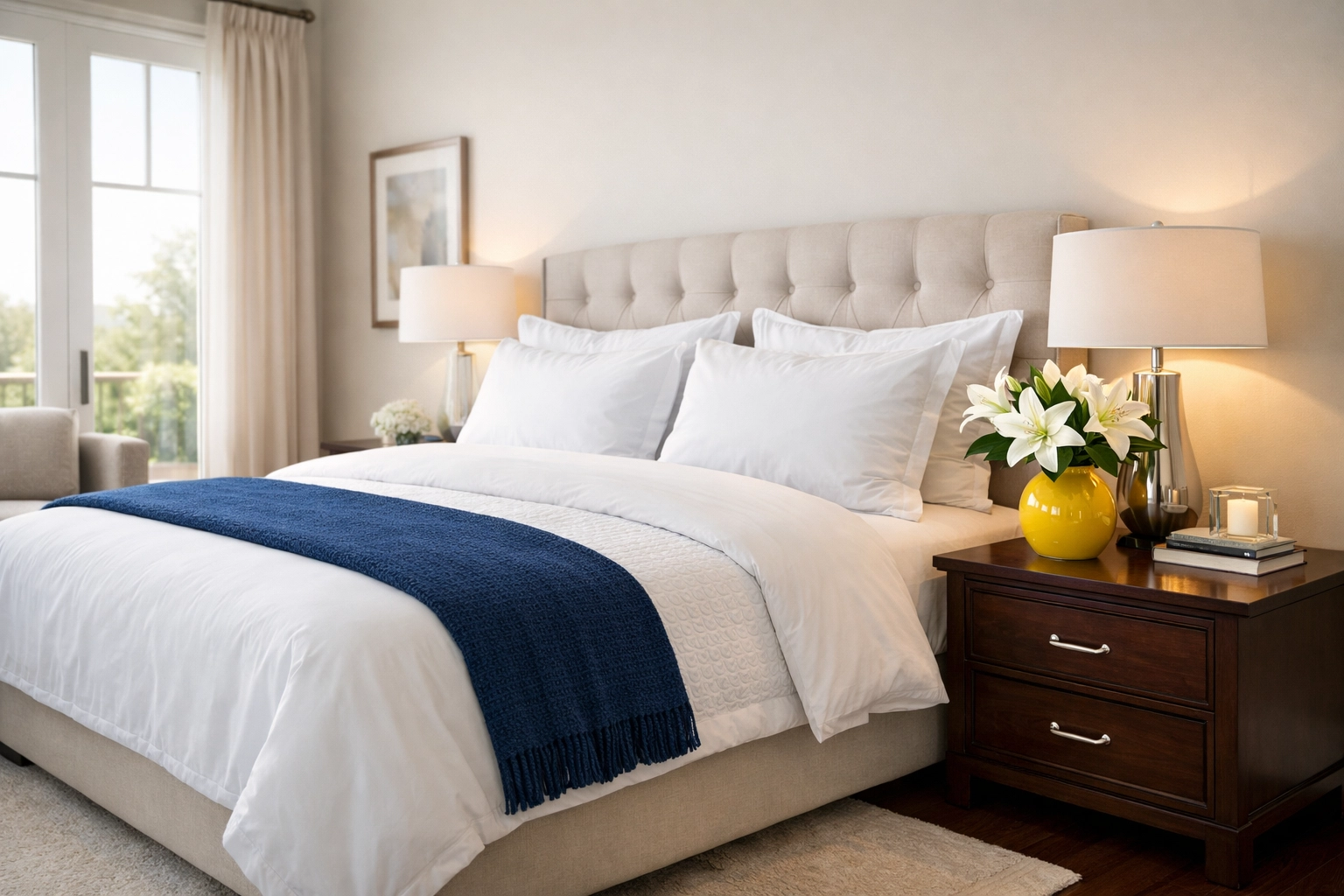 Freshly sanitized master bedroom sanctuary in Shrewsbury after eco-friendly house cleaning.