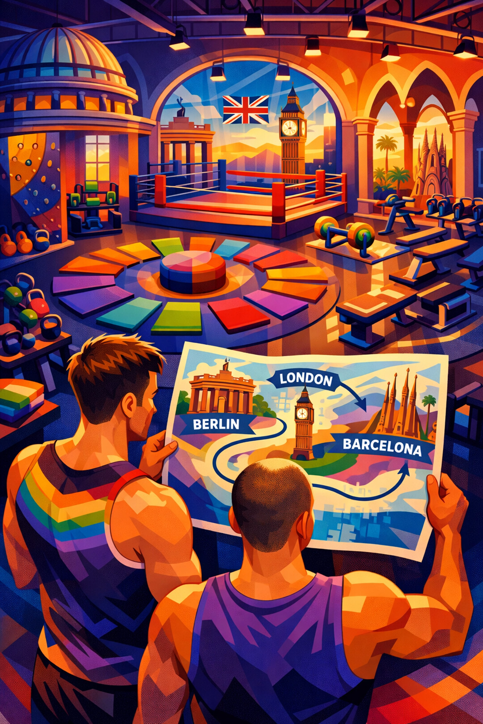 European gay gym destinations including Berlin, London, and Barcelona fitness spaces
