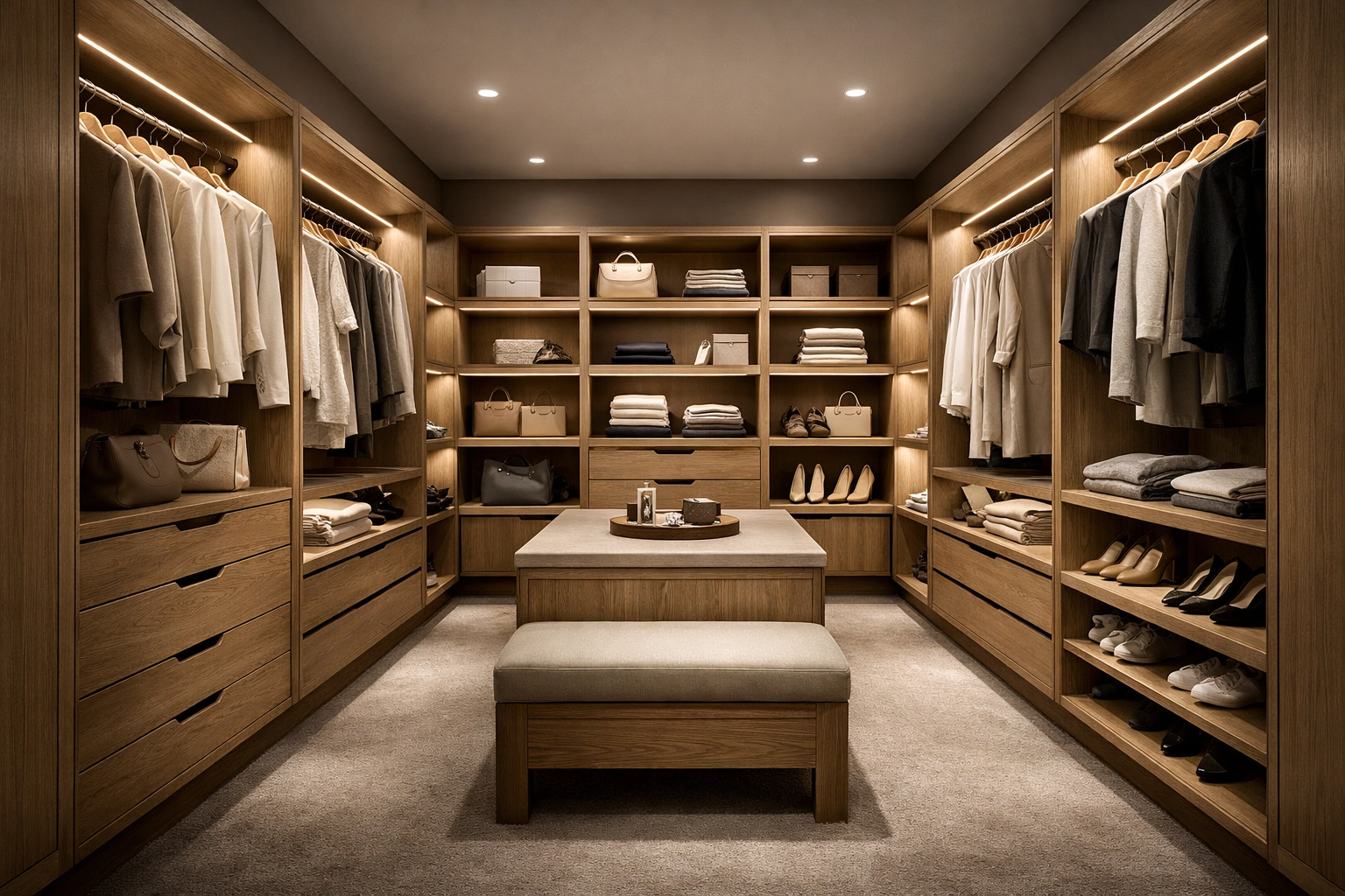 Luxury walk-in closet with oak cabinetry and integrated dot-free linear LED lighting.