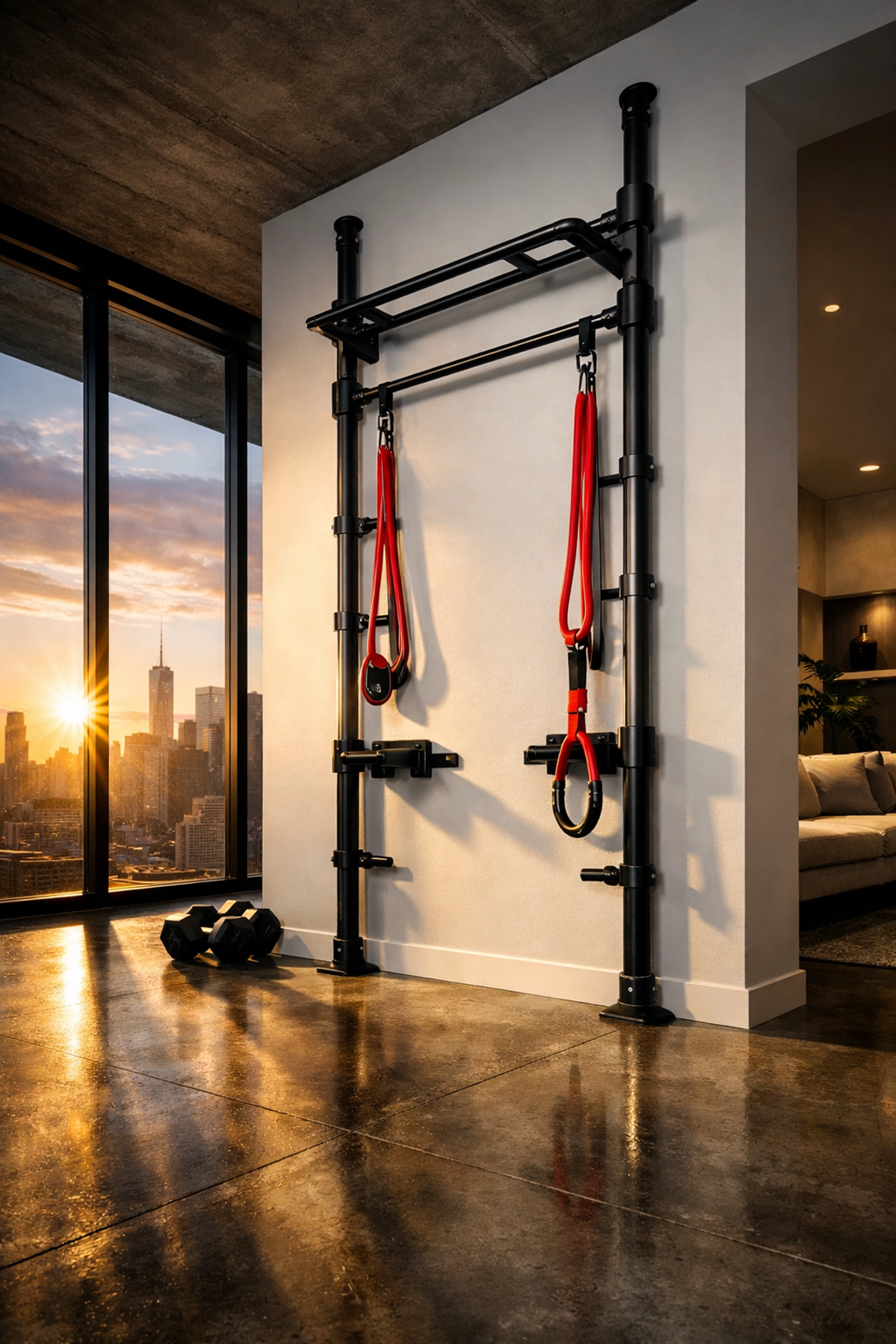Sleek floor to ceiling gym rail system with resistance bands in a modern urban home fitness setup.