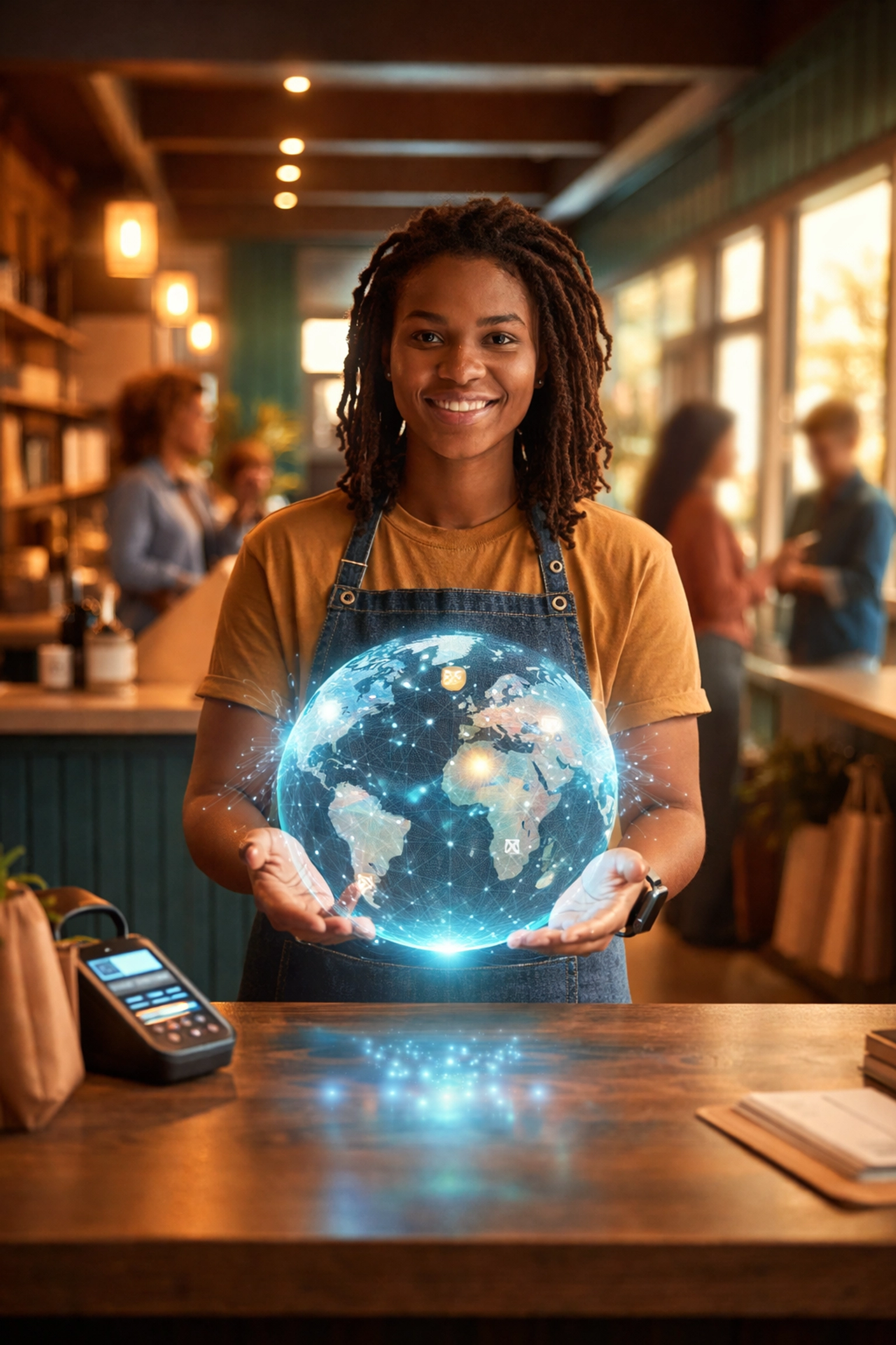 Small business owner with holographic globe highlights Larecoin’s bank-free, global crypto payment solution for merchants.