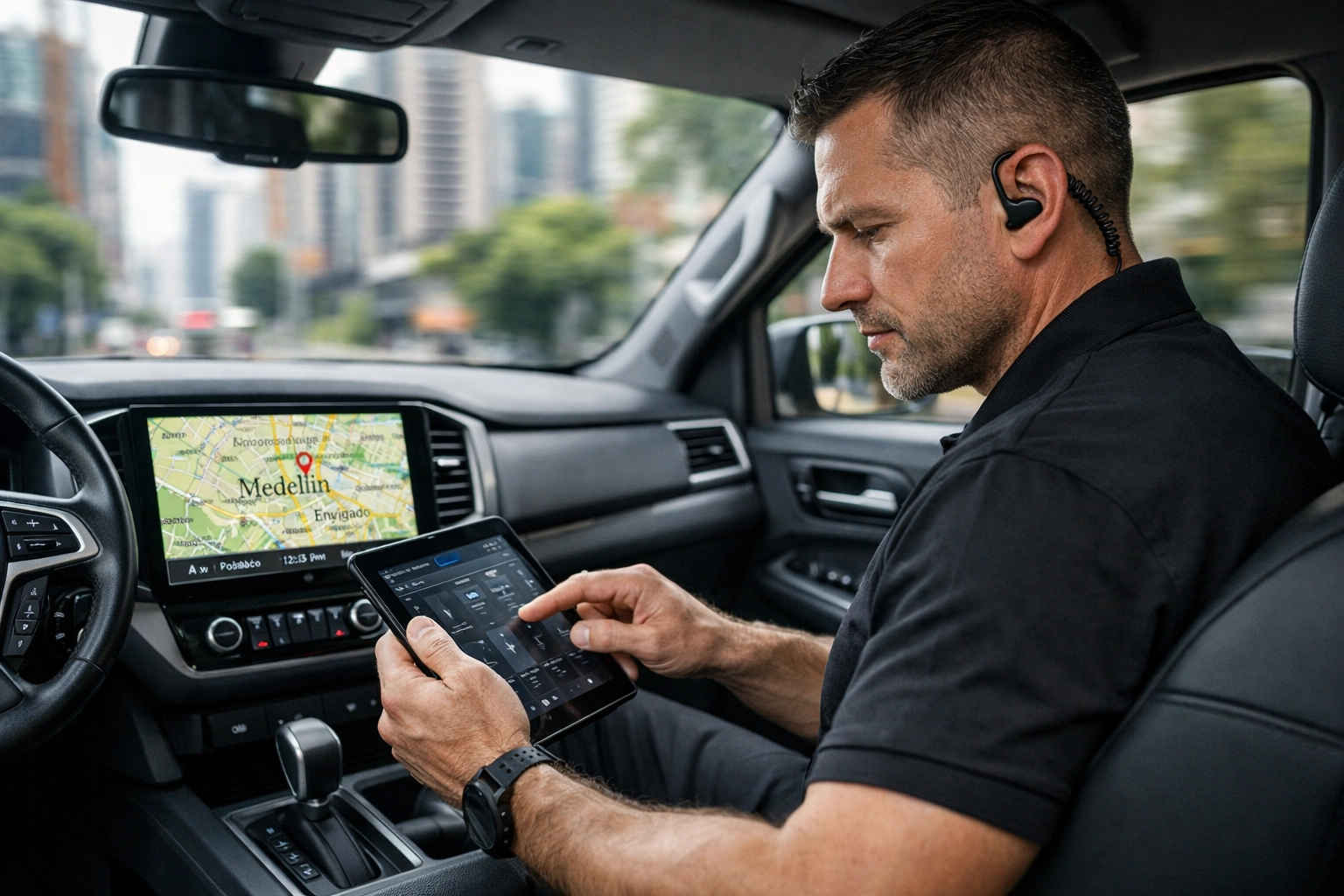 Professional security driver monitoring GPS navigation in Medellin