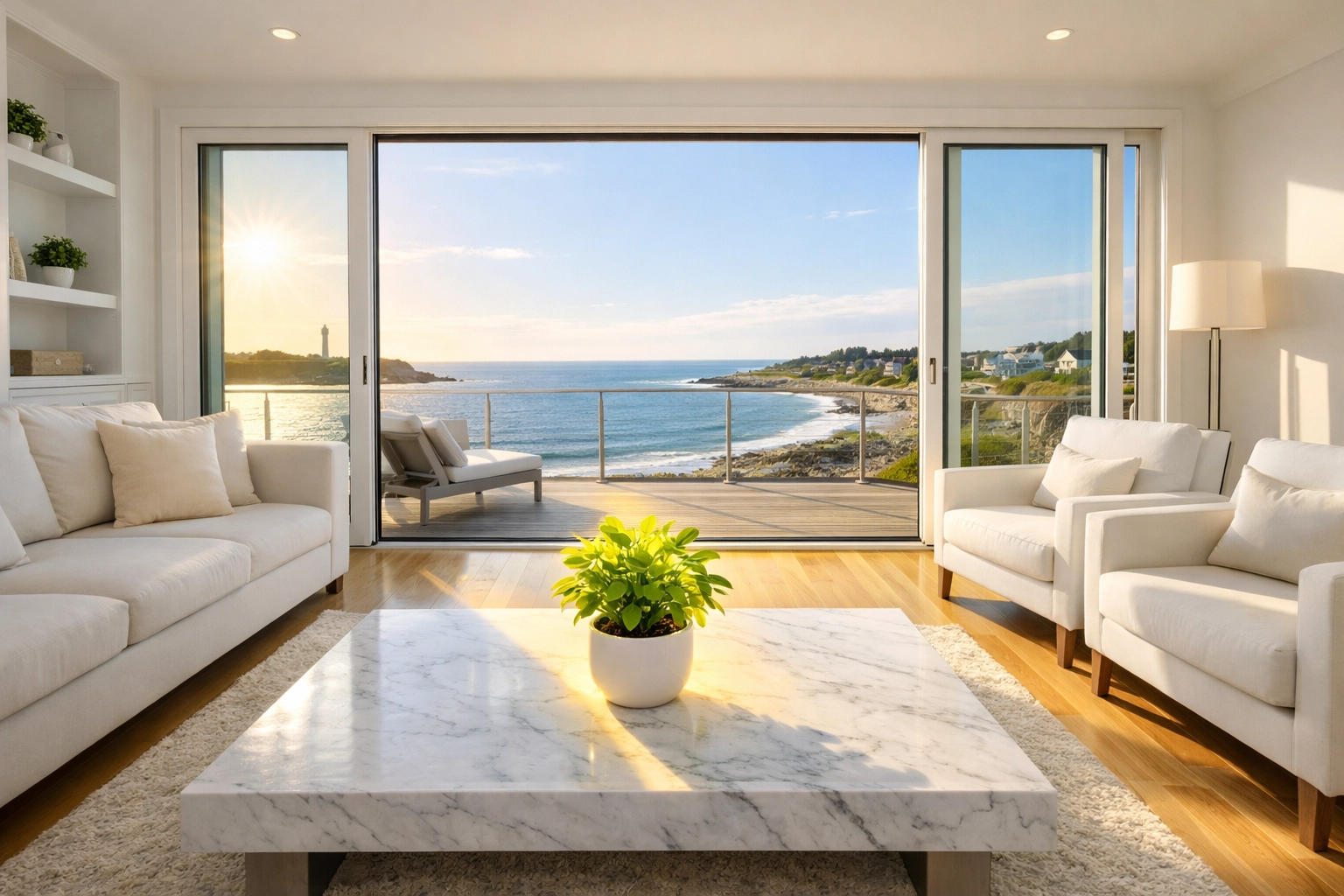 Eco-friendly residential cleaning in a Marblehead living room with views of the Massachusetts coast.