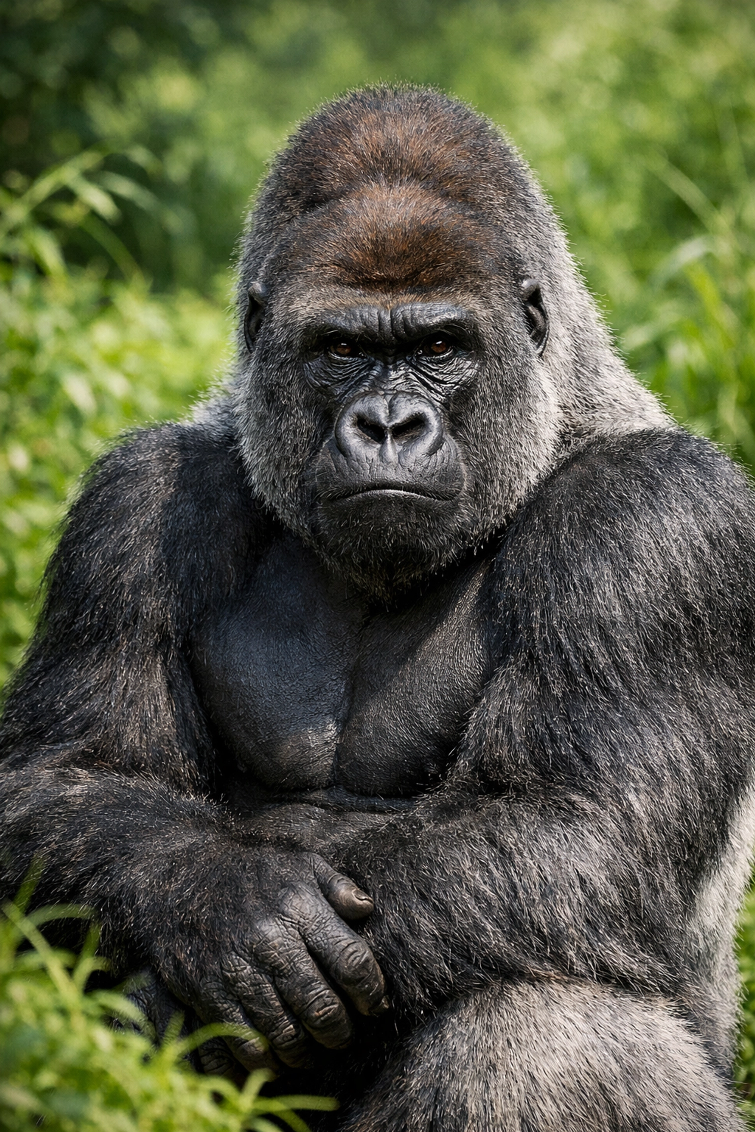 Dignified silverback gorilla at eye level, demonstrating professional animal photography for zoo branding.