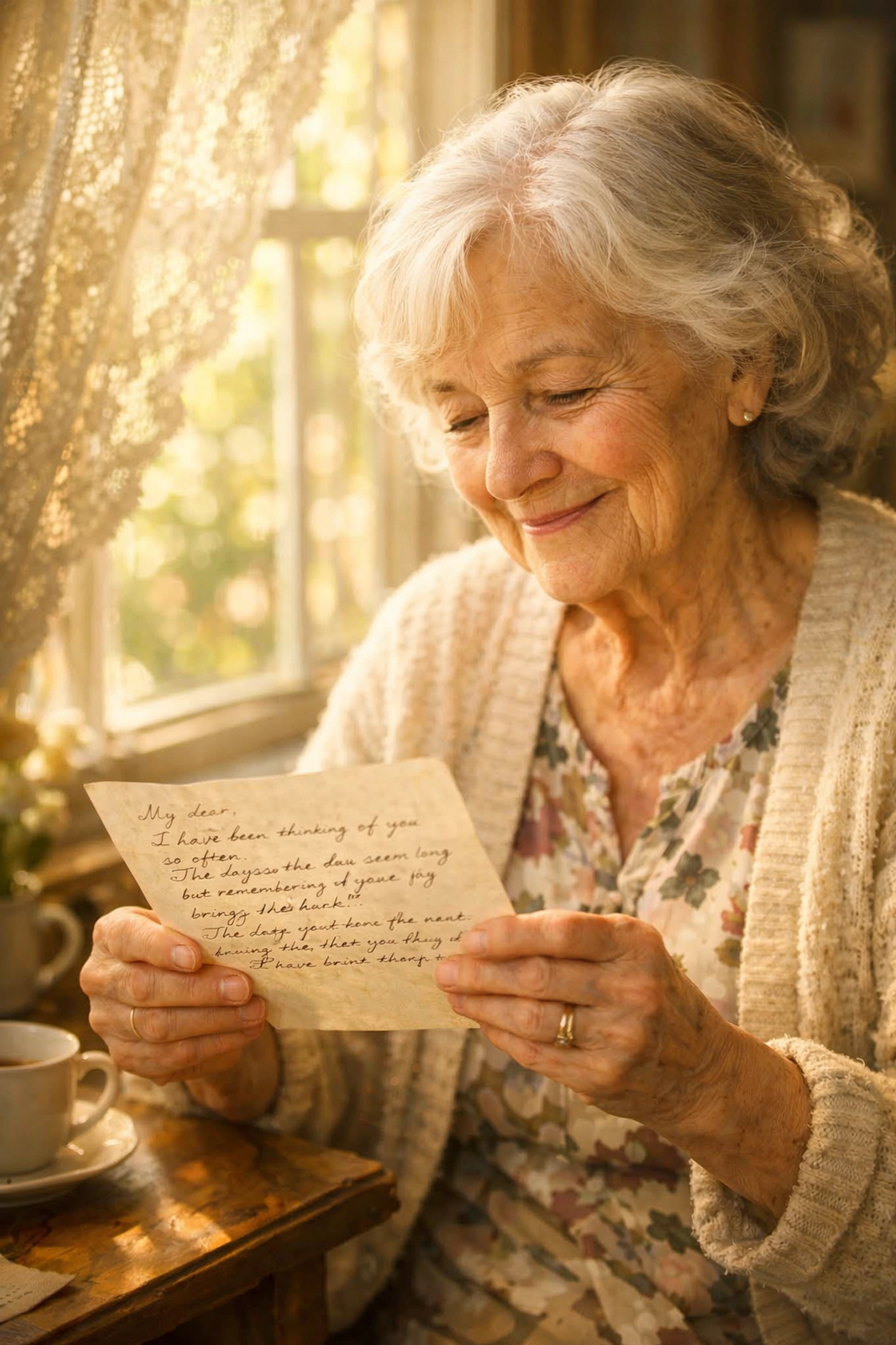 Senior woman smiling while reading handwritten letter by window - pen pal connection brings joy