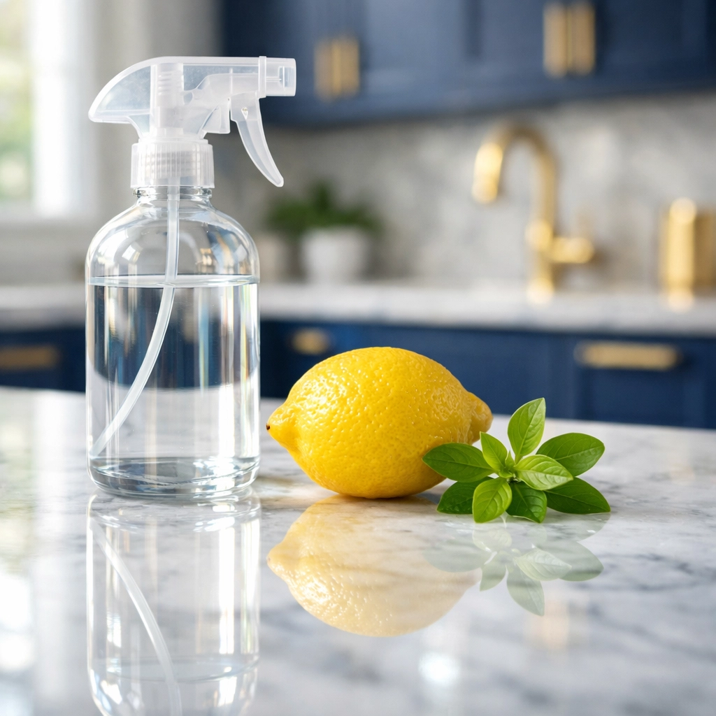 Sparkling clean marble kitchen island showcasing our eco-friendly house cleaning service near me Burlington MA.