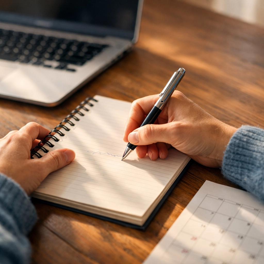 Parent writing homeschool withdrawal letter at desk with notebook and laptop