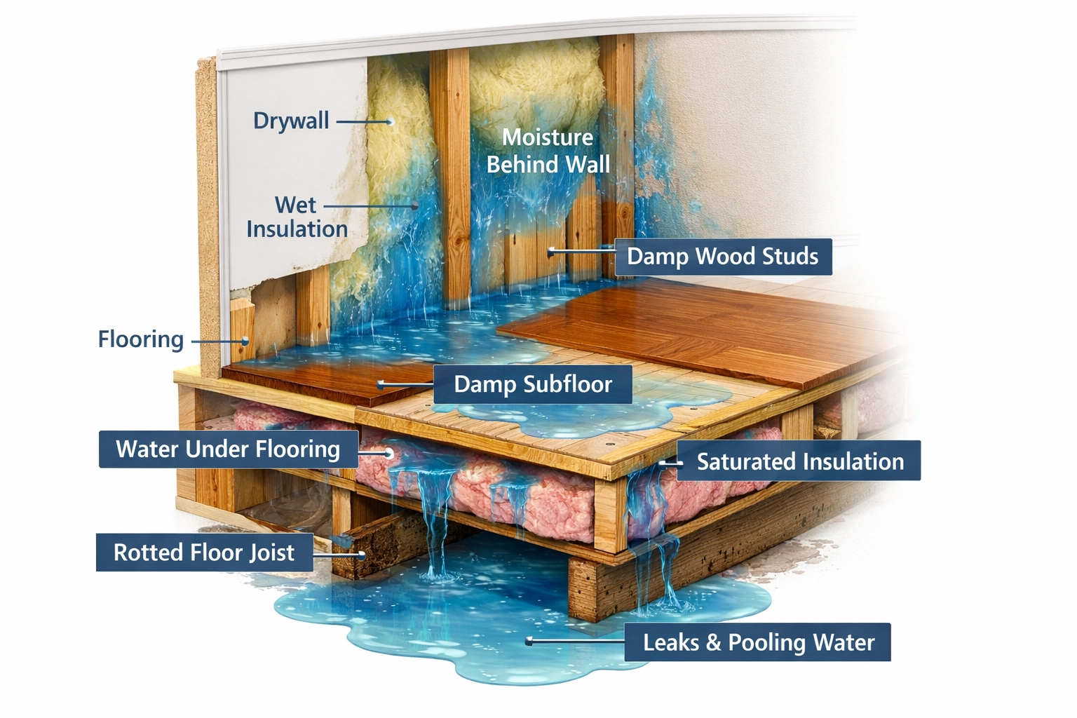 Hidden water damage behind walls and under flooring in home cross-section view