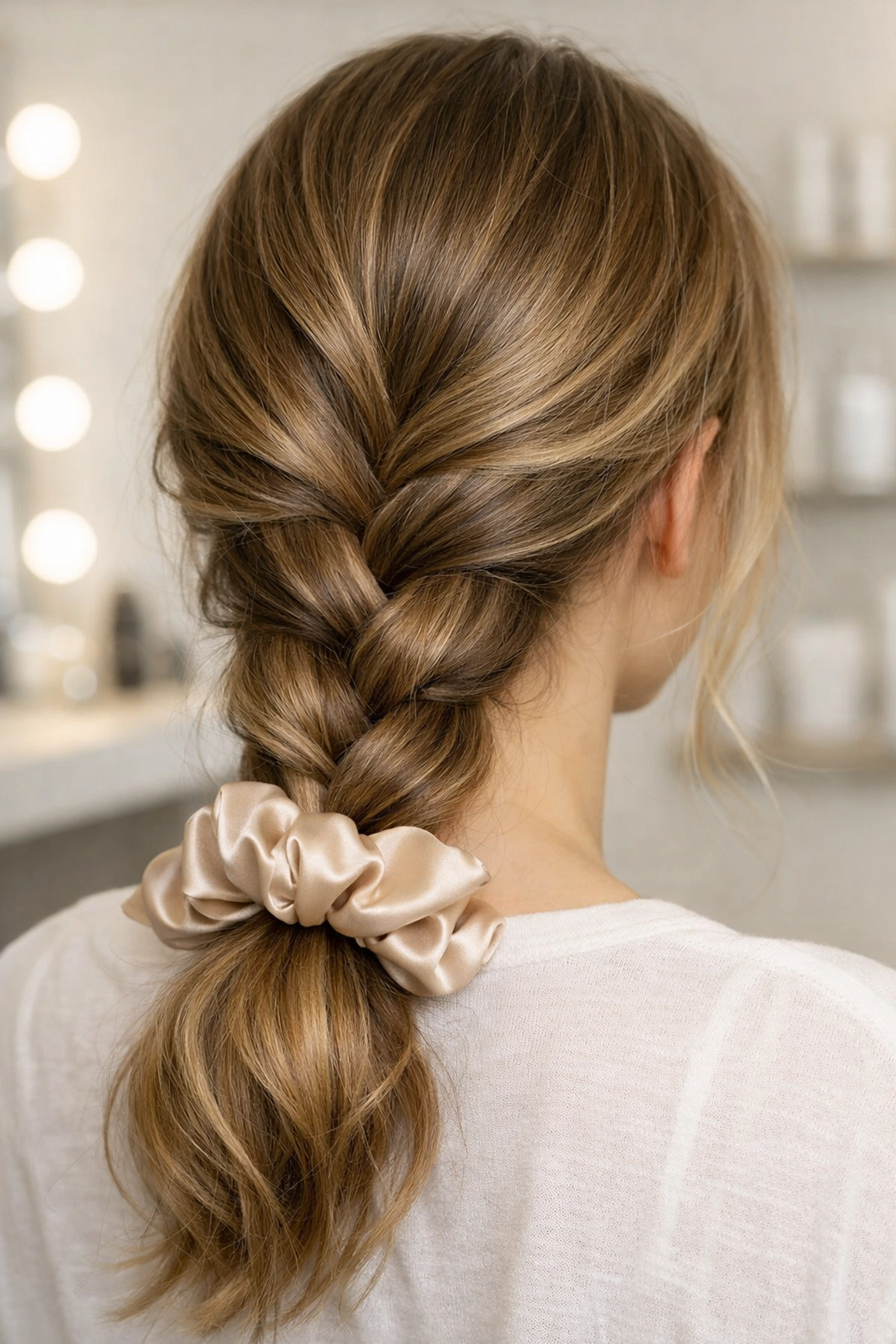 Elegant loose braid with a silk scrunchie to prevent hair tension, a top hair care tip from our beauty salon.