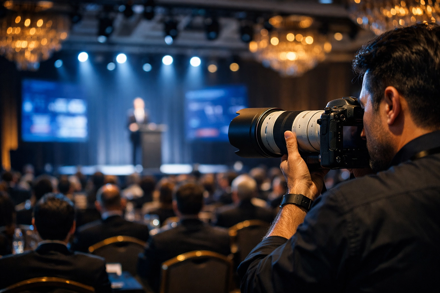 Professional conference photographer capturing a keynote speaker in a New York hotel ballroom.
