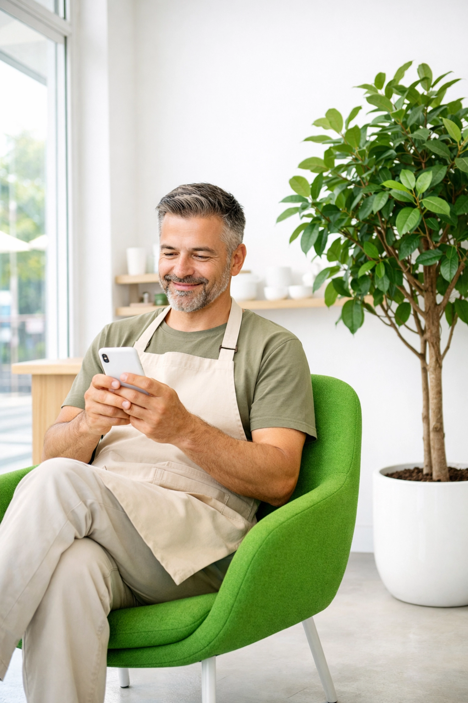 Confident business owner reviewing mobile social proof to increase local customer trust.