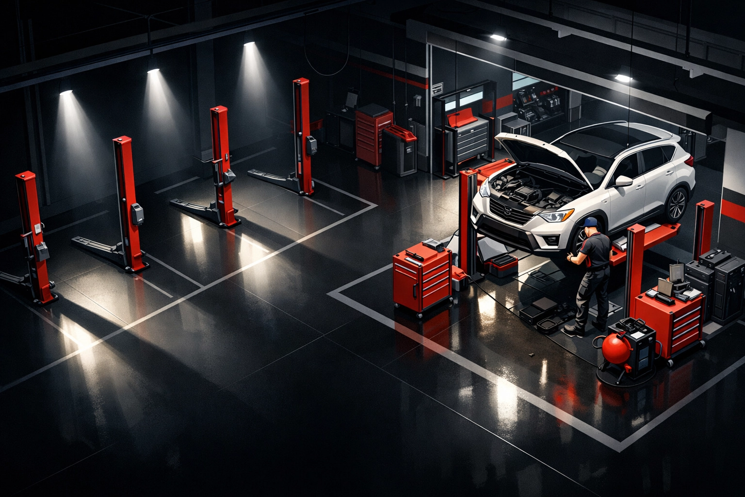 Empty automotive service bays showing untapped recall opportunity for dealerships