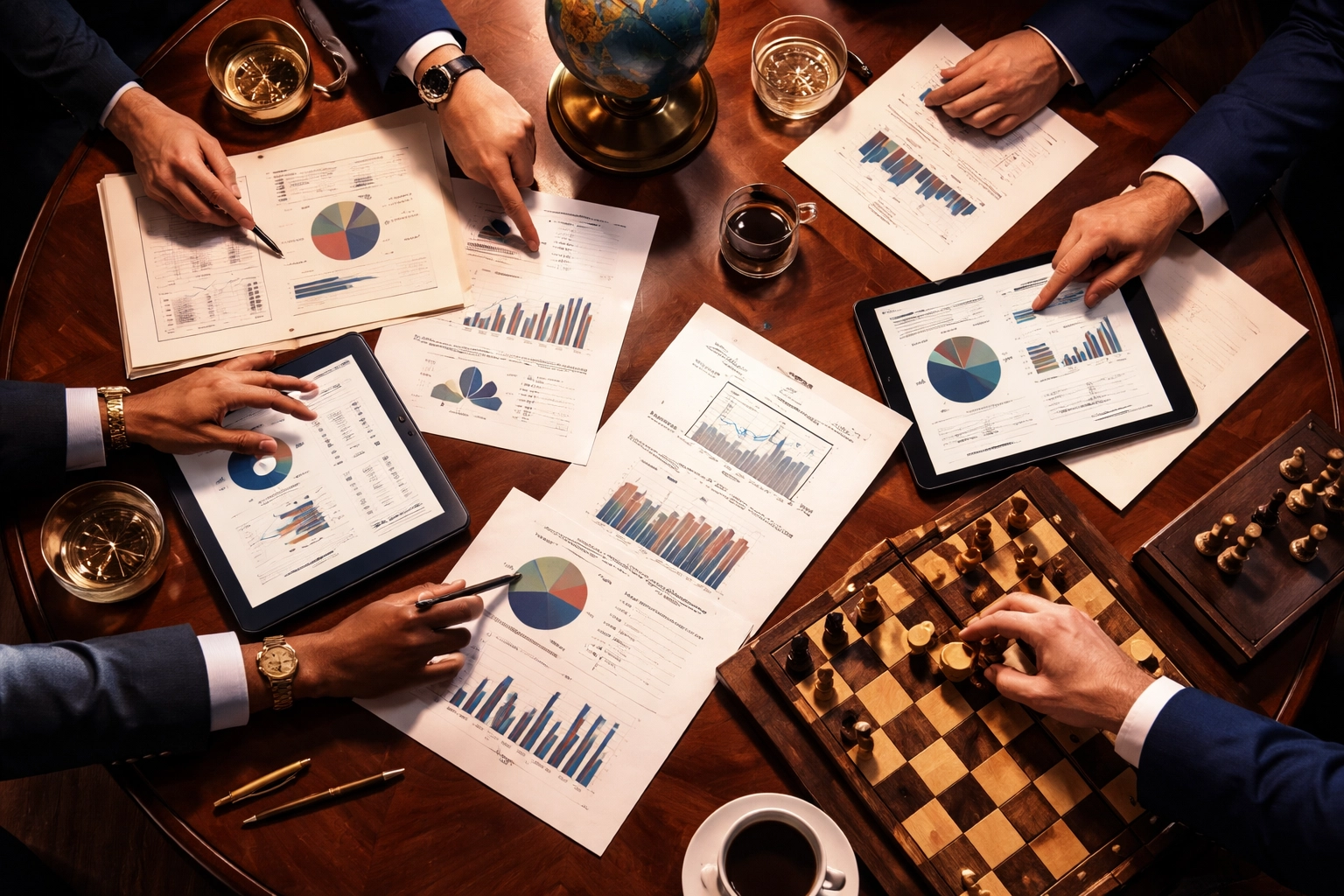 Strategic wealth management meeting with analytics and chess pieces highlighting portfolio construction planning.