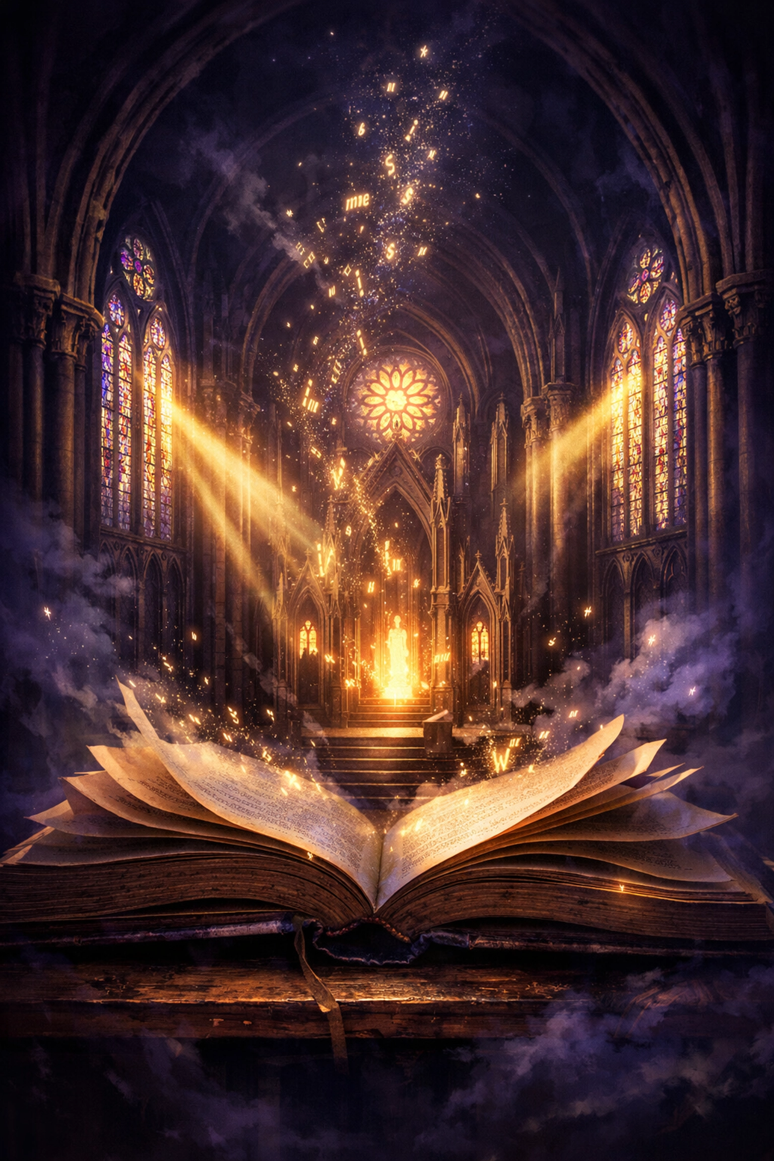 Open storybook transforming into cathedral scene illustrating faith-driven fiction storytelling