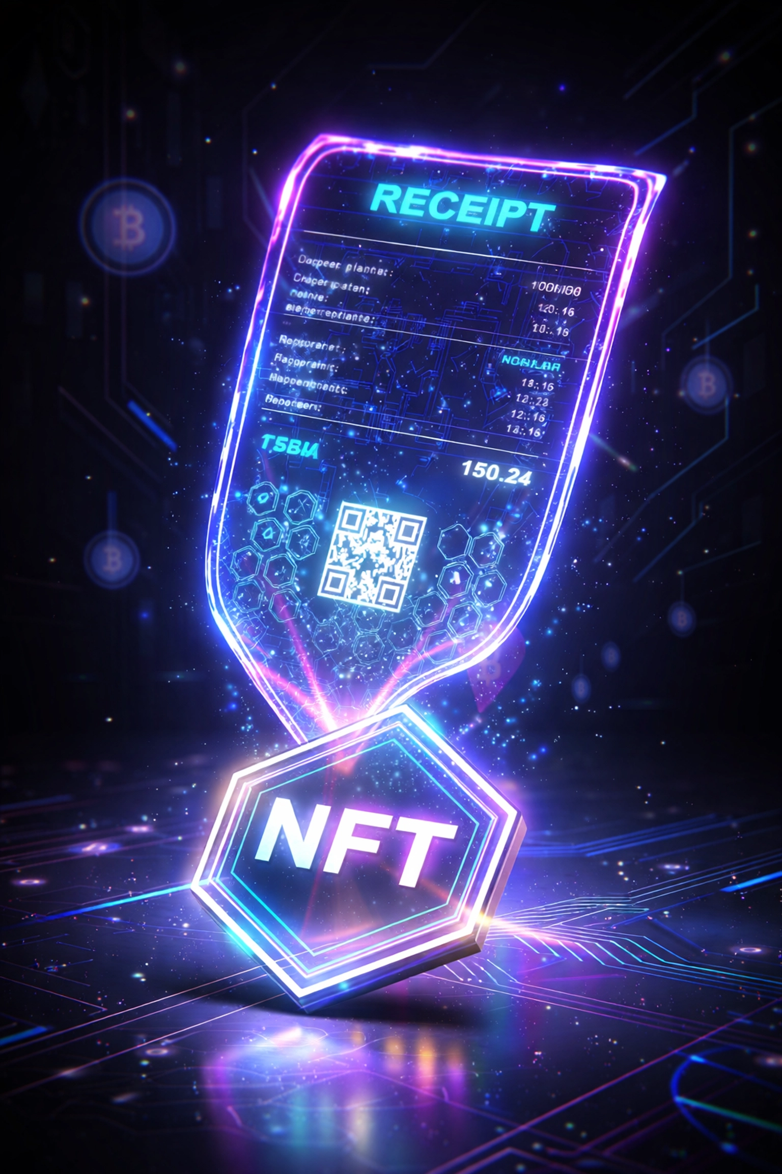 Holographic NFT receipt displaying blockchain transaction data for crypto payment verification