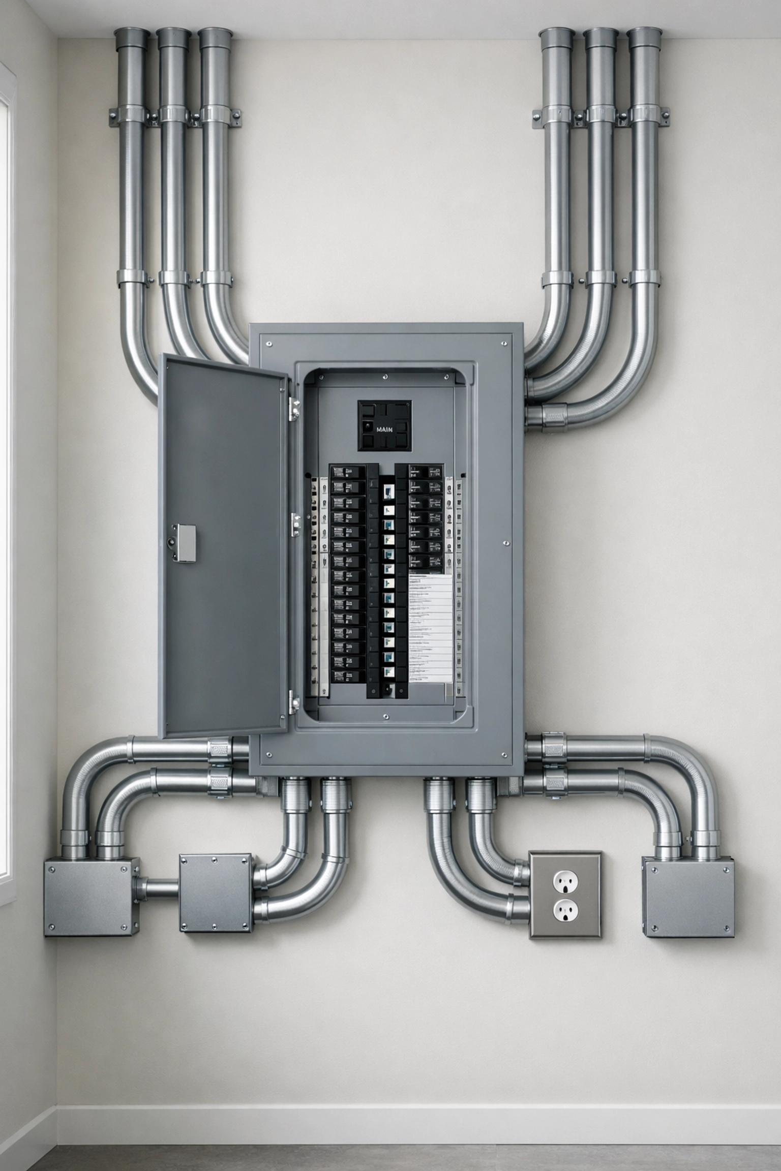 New electrical sub-panel and metal conduits installed for increased home power capacity.