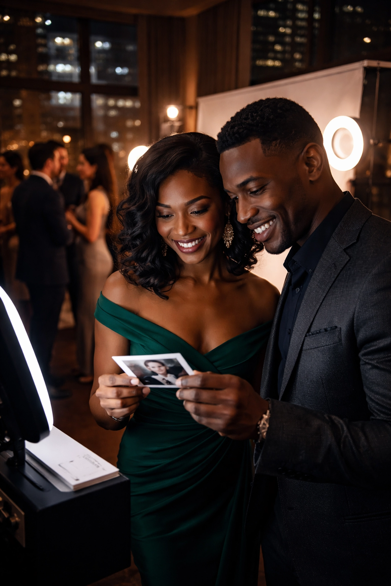 Elegant couple reviewing their photo booth portrait at a corporate gala, with guests mingling in a chic nightlife venue, highlighting premium event photography.