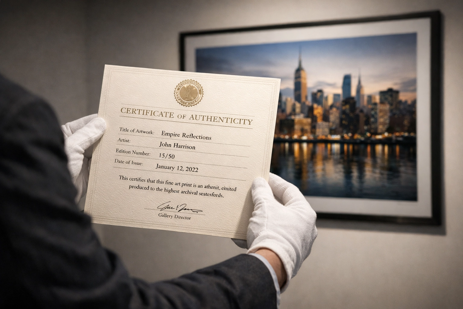 A curator holding a certificate of authenticity for art prints in a high-end photography gallery.