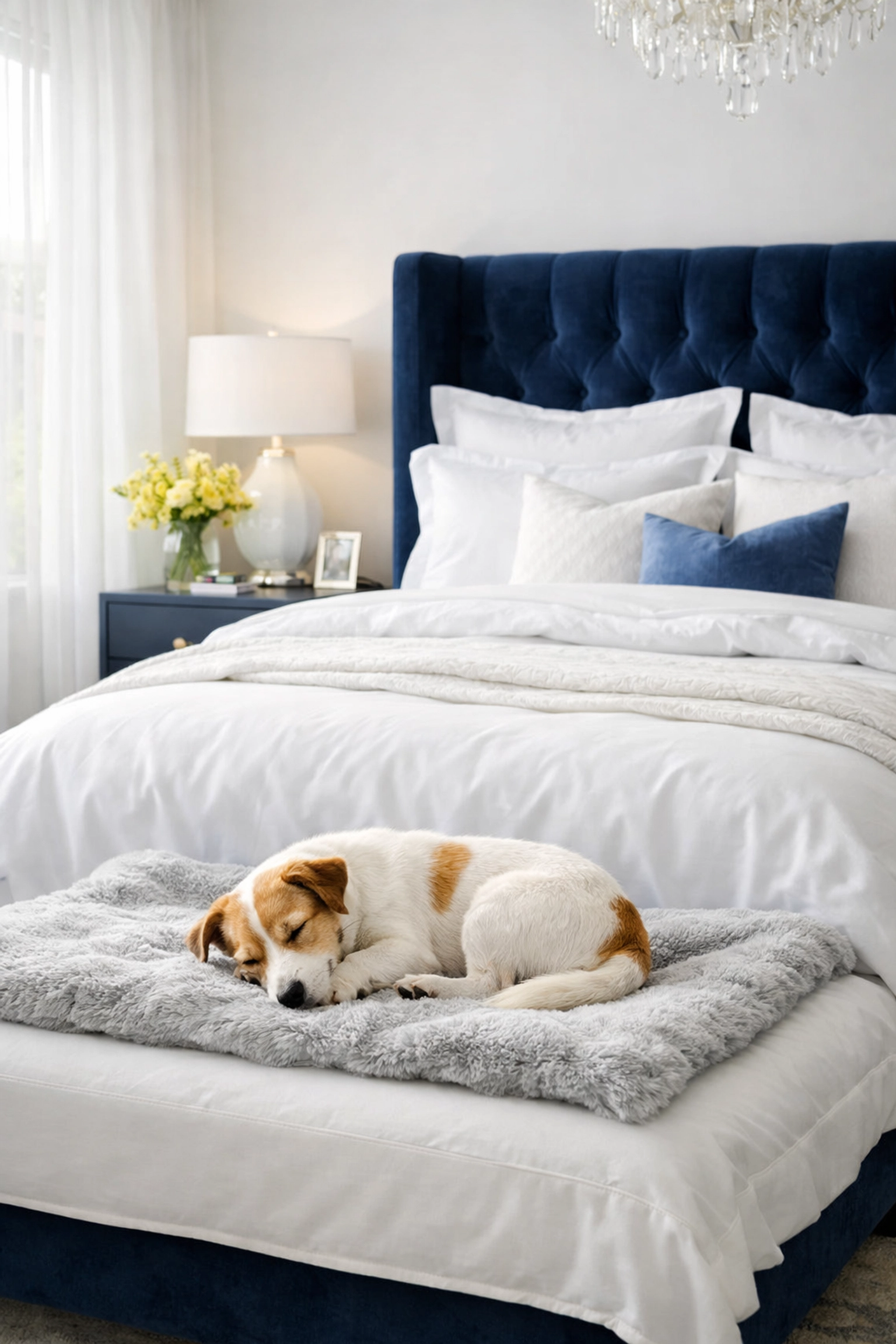 A small dog rests on a clean pet blanket in a bright, dander-free bedroom with fresh linens.
