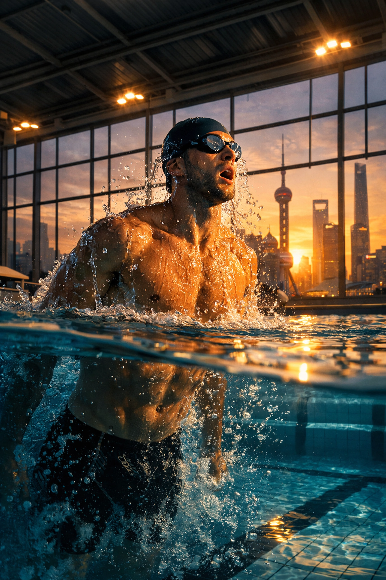 Gay competitive swimmer training in Shanghai pool at dawn