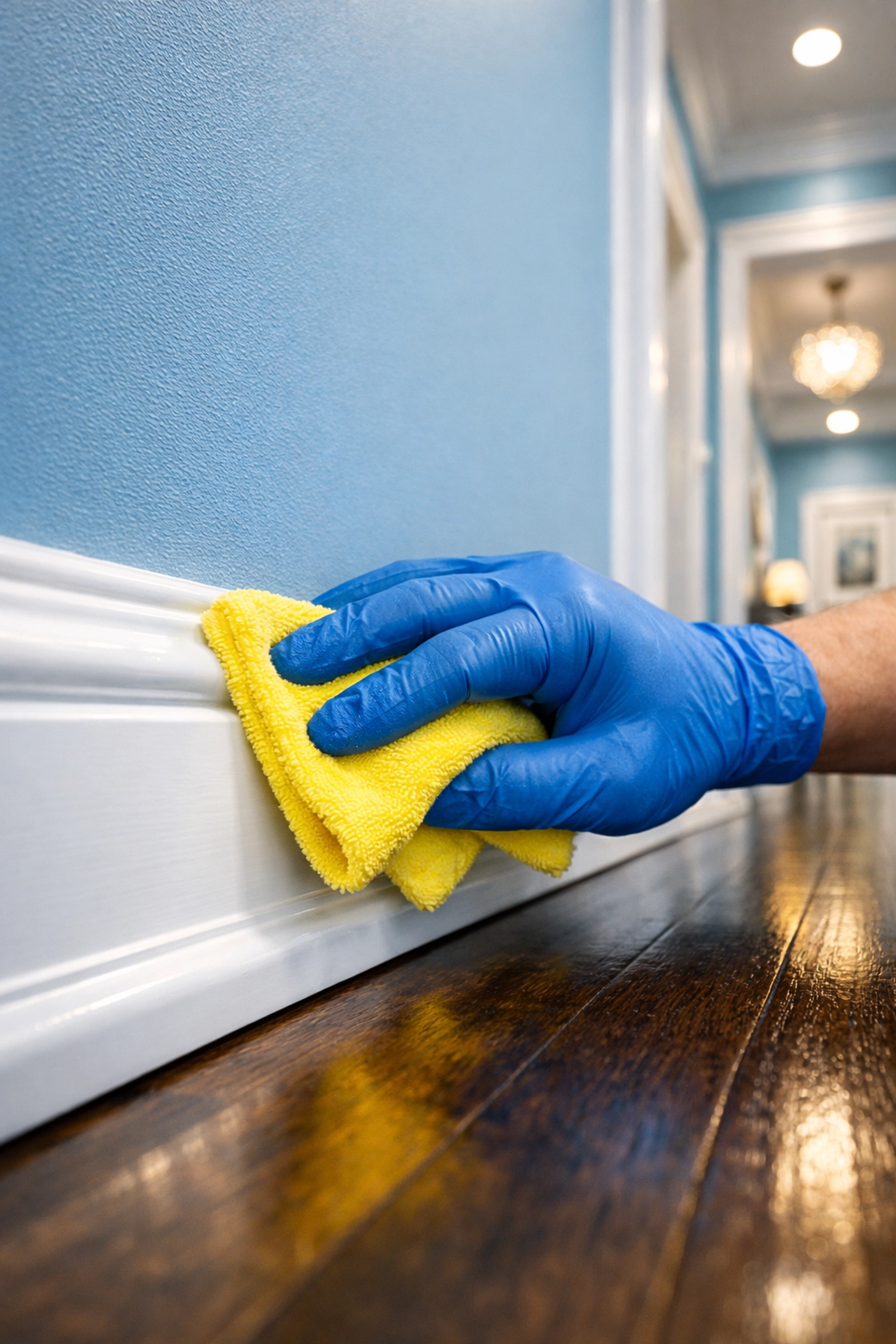 Professional hand cleaning white baseboards during a move-out cleaning Worcester for a pristine finish.