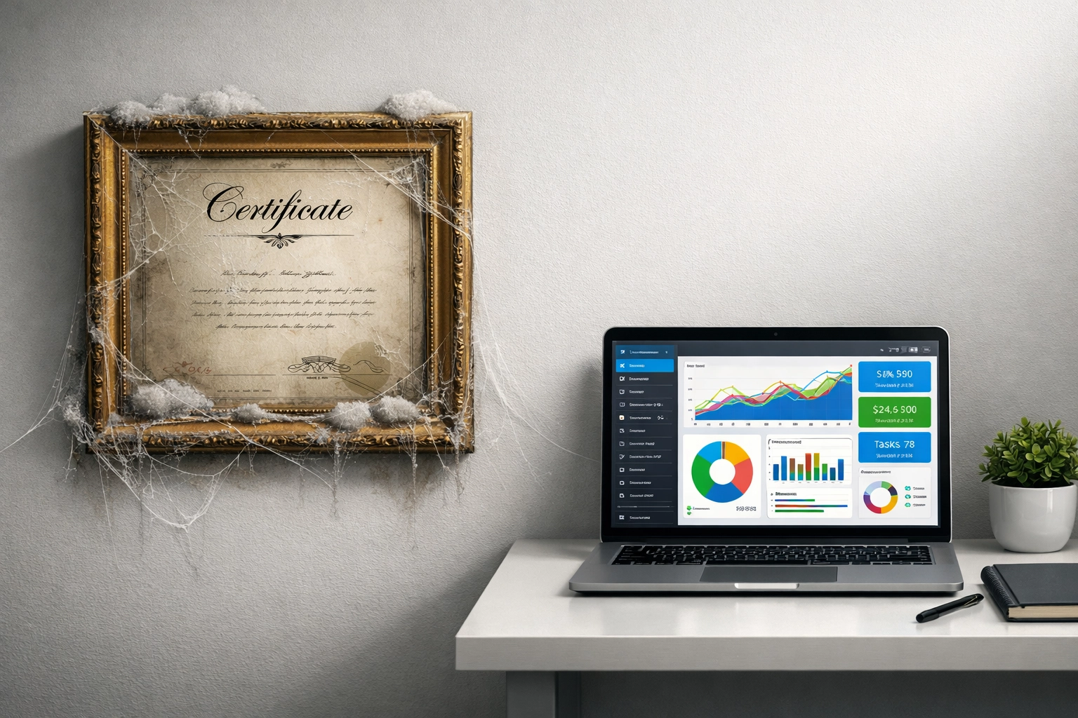 Dusty ISO 9001 certificate on wall next to active laptop showing neglected compliance system