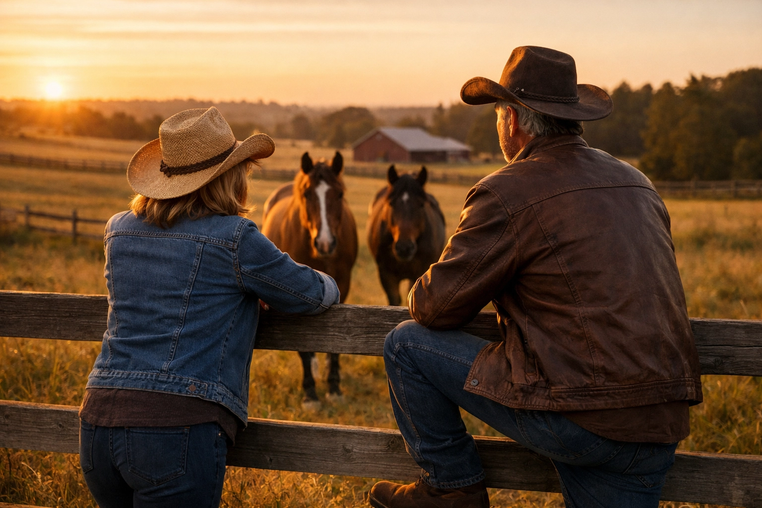 Couple viewing their equestrian estate at sunset after securing farm financing