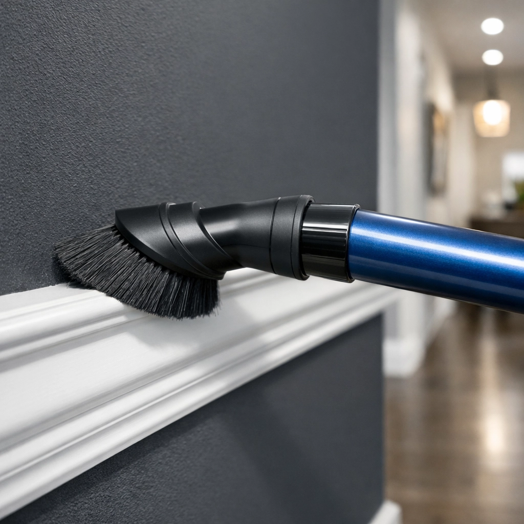 Vacuum extension tool with soft brush attachment dusting the top of white decorative baseboards.