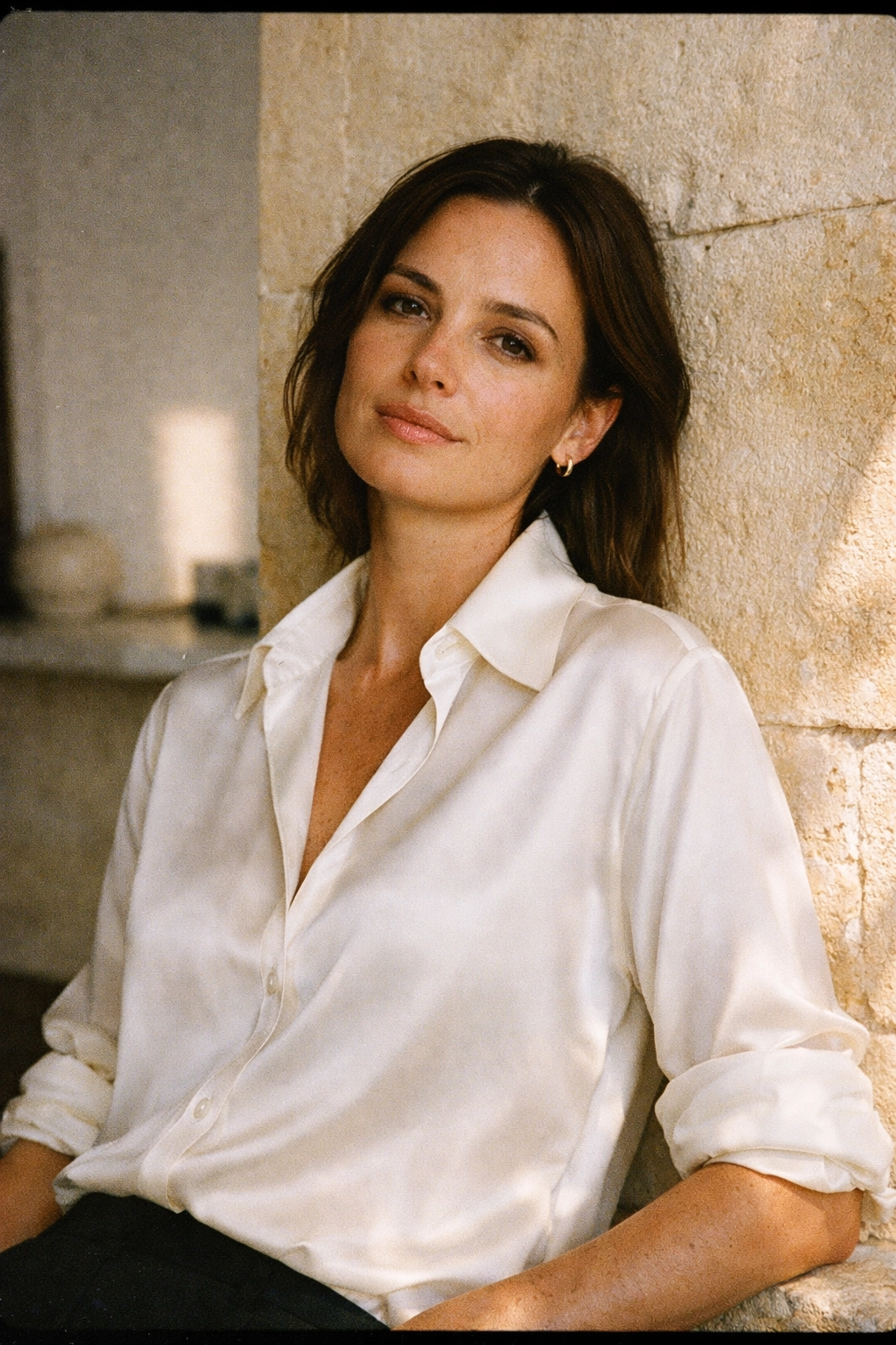 Woman wearing a perfectly tailored white silk button-down shirt, a forever wardrobe essential.