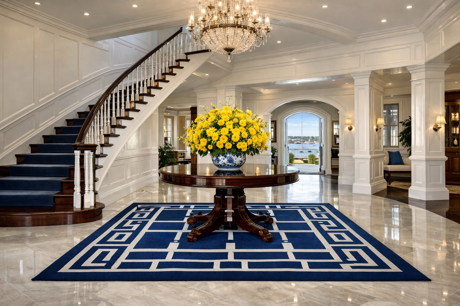 Spotless luxury estate foyer and staircase maintained with ninja efficiency in a Marblehead Harbor home.