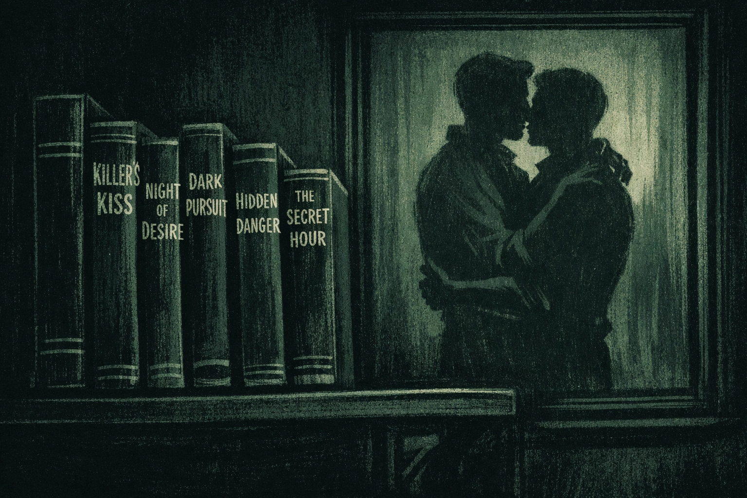 Thriller book collection with two men silhouettes embracing - LGBTQ+ dark romance books