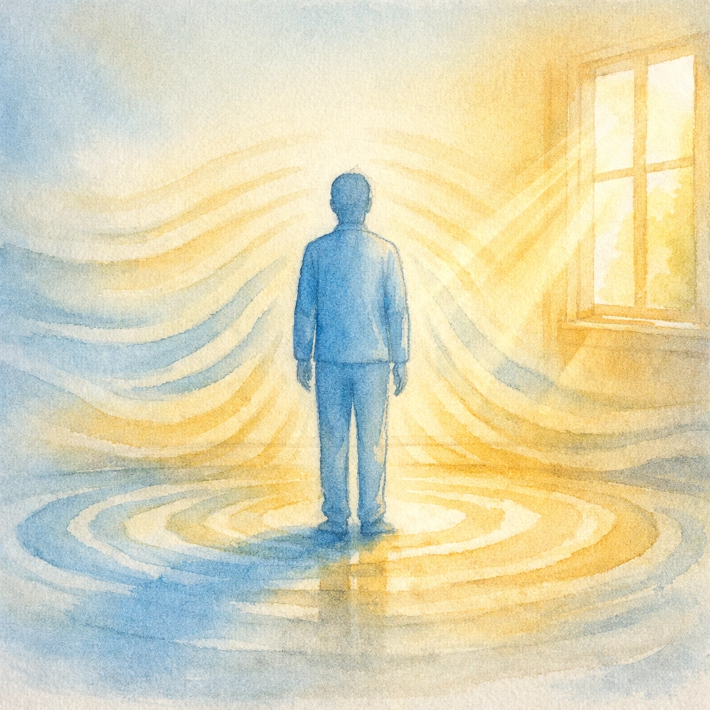 Peaceful leader radiating calm presence and spiritual peace in a room with natural light