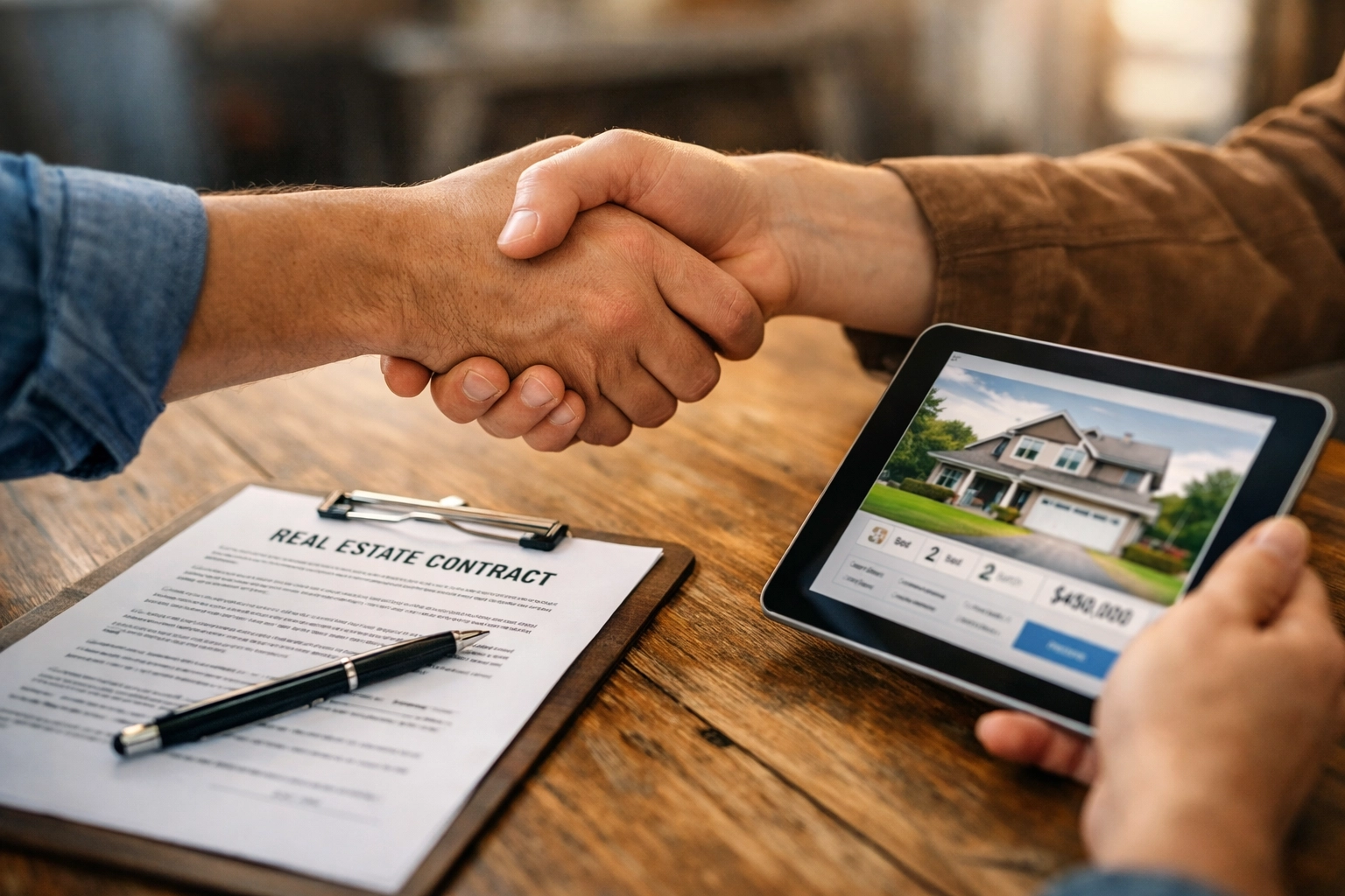 Handshake over property documents completing successful house sale