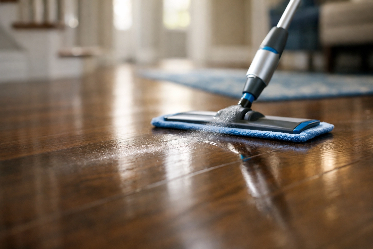 Using a damp microfiber spray mop for safe hardwood floor deep cleaning Westford.