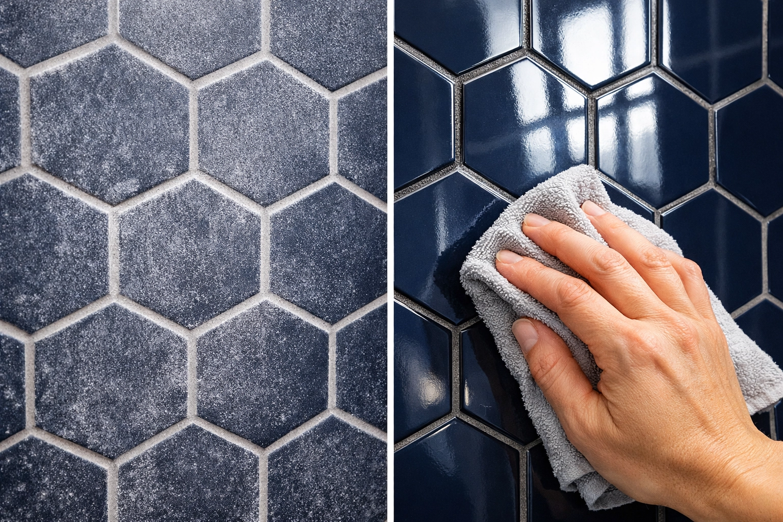 A hand wiping away white grout haze from navy blue hexagonal bathroom shower tiles.