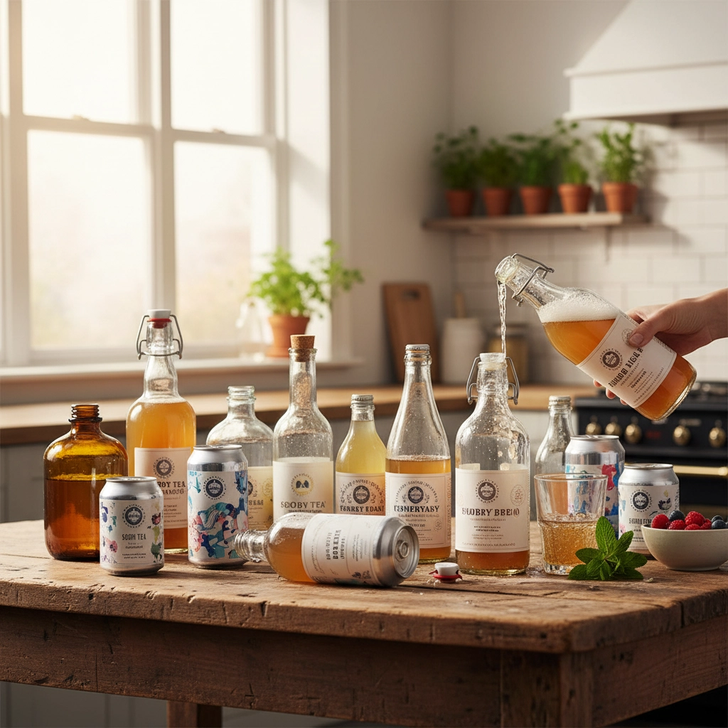 A wooden table in a home kitchen covered in Kombucha bottles.
