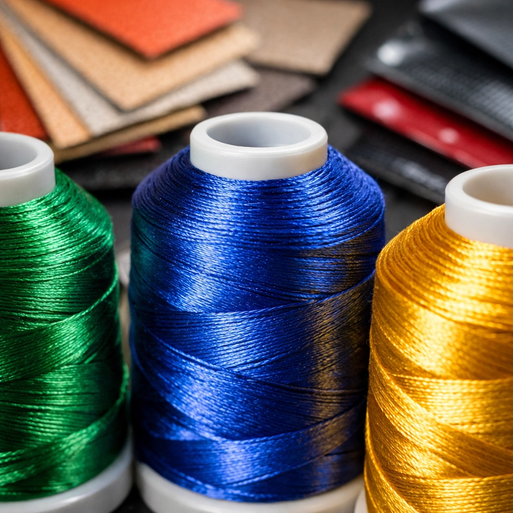 Close-up of vibrant embroidery thread spools and material swatches for custom brand printing.