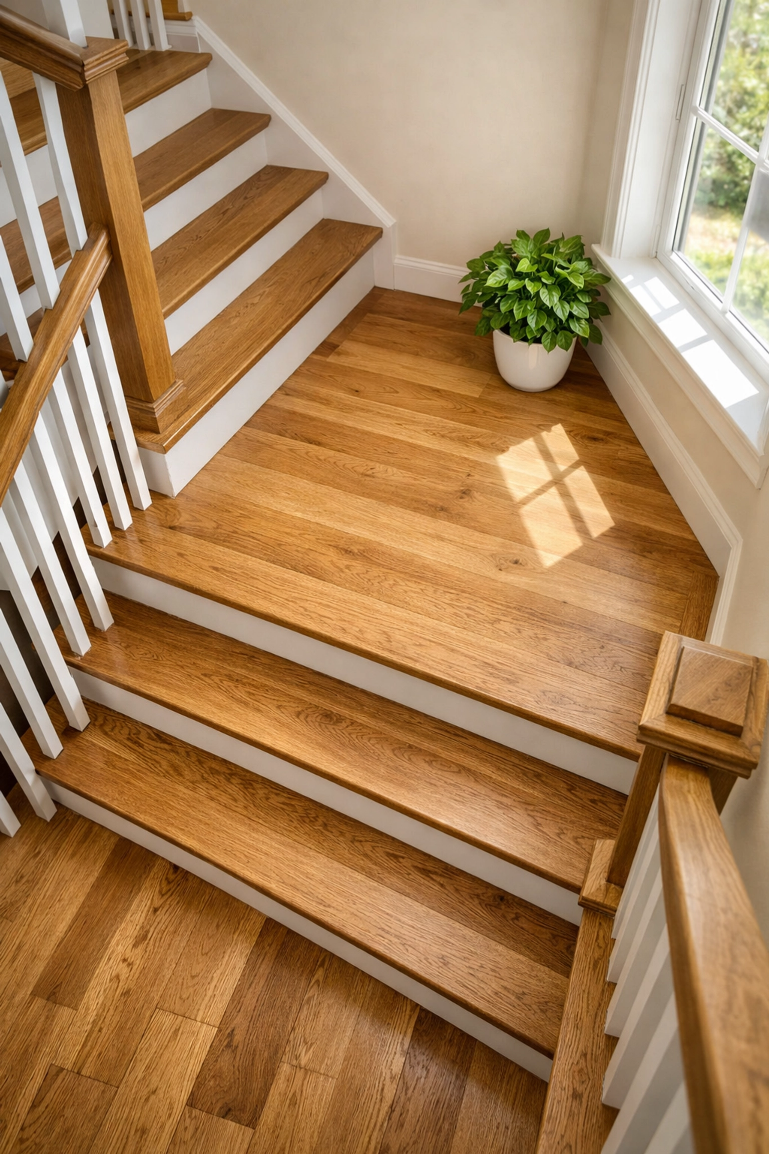 A well-lit hardwood staircase with a central landing to provide a safe place to rest.