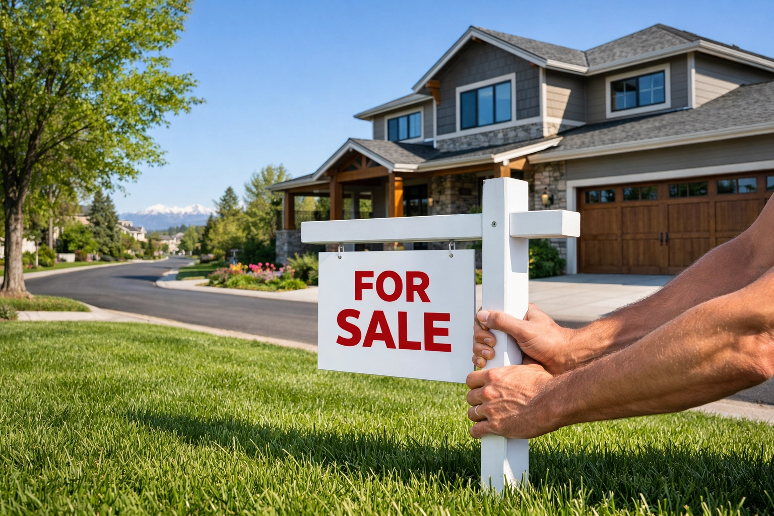 Hands placing a for sale sign in a Denver suburban lawn during the 2026 spring housing market.