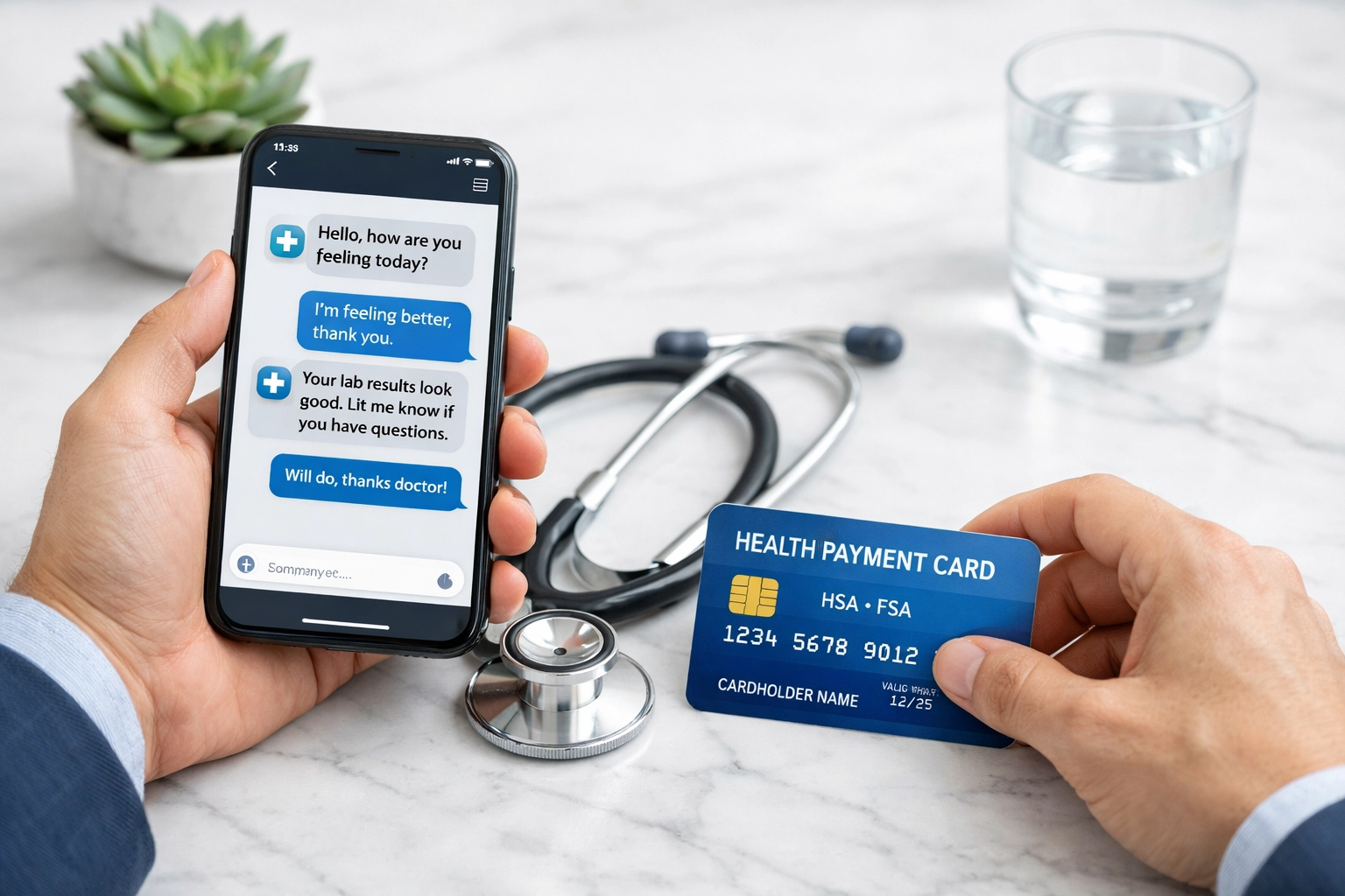 Using a smartphone for a secure text-based doctor consultation for weight loss with an HSA/FSA card.