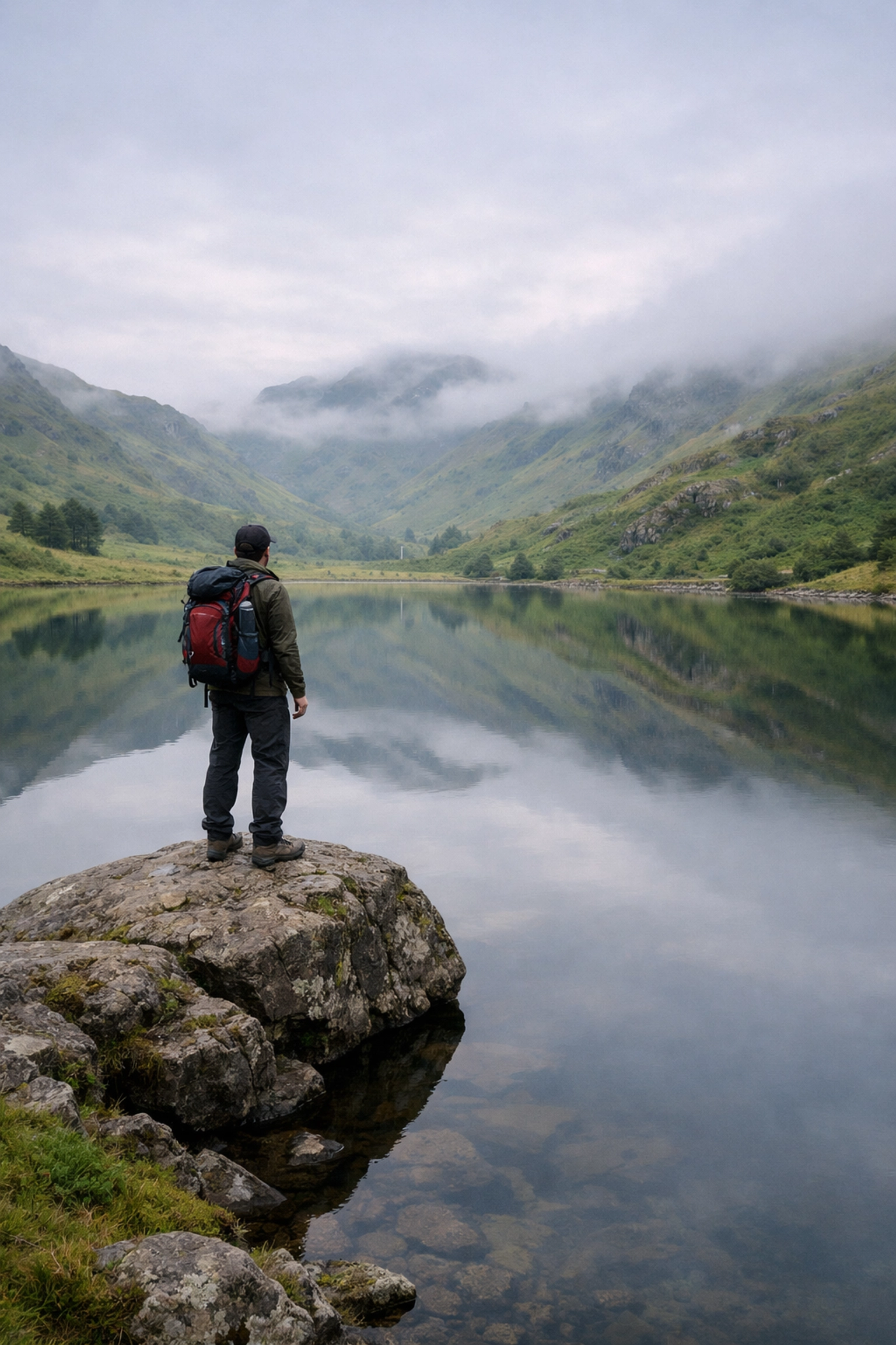 A lone hiker overlooks a peaceful lake and green hills during a guided walk in the Lake District.