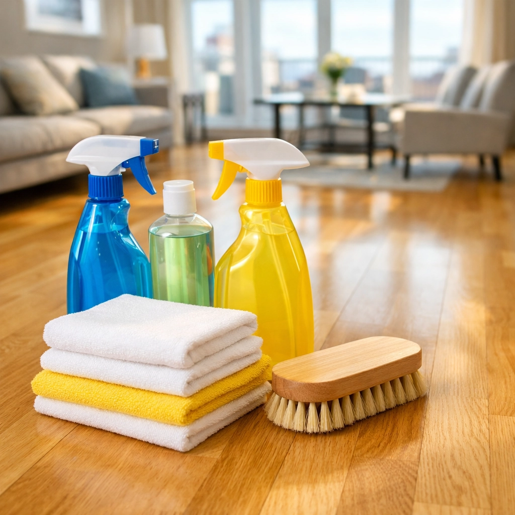 Eco-friendly cleaning supplies on hardwood floors for a move-out cleaning Worcester project.