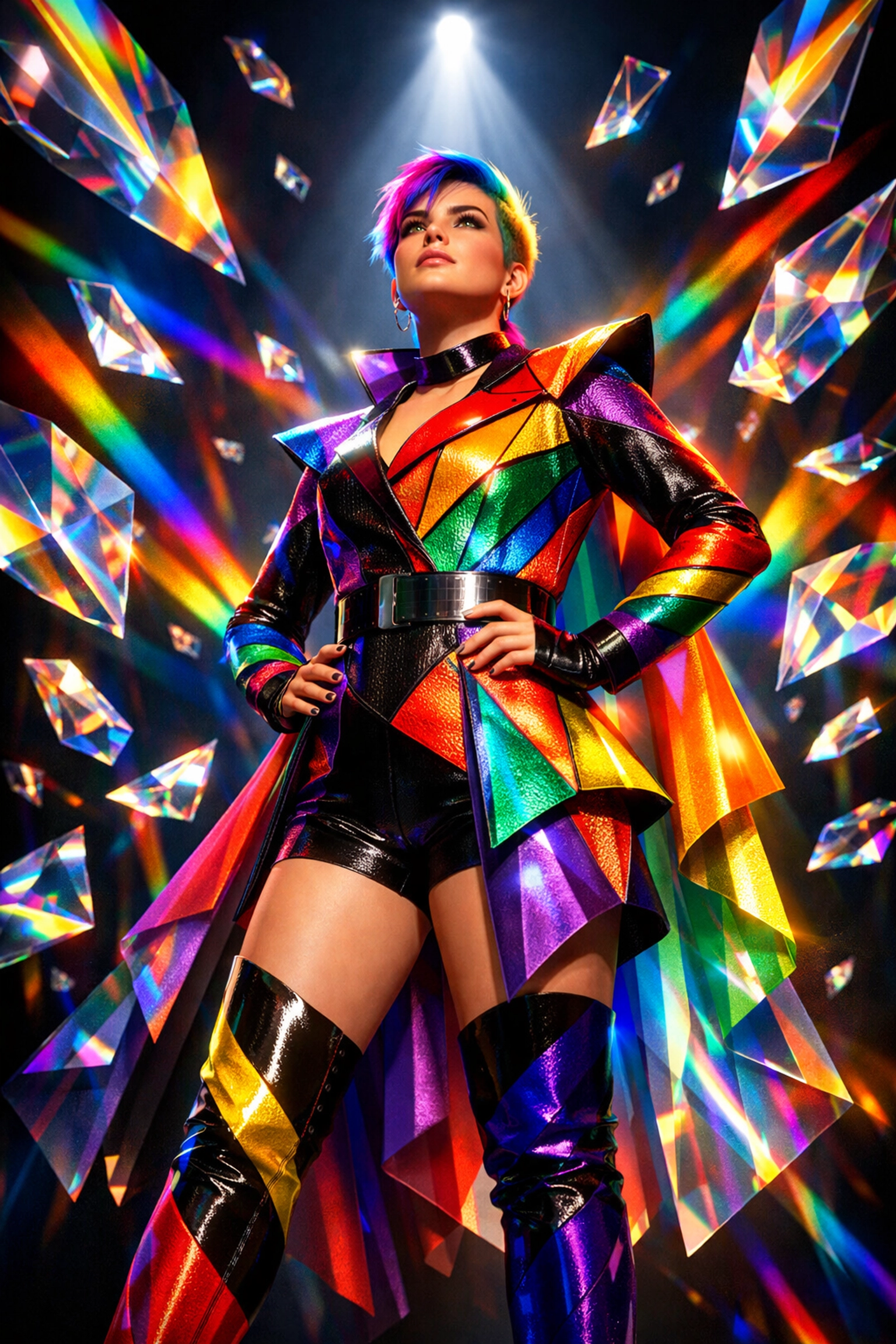 Non-binary artist in rainbow geometric outfit representing Montaigne's authentic queer identity
