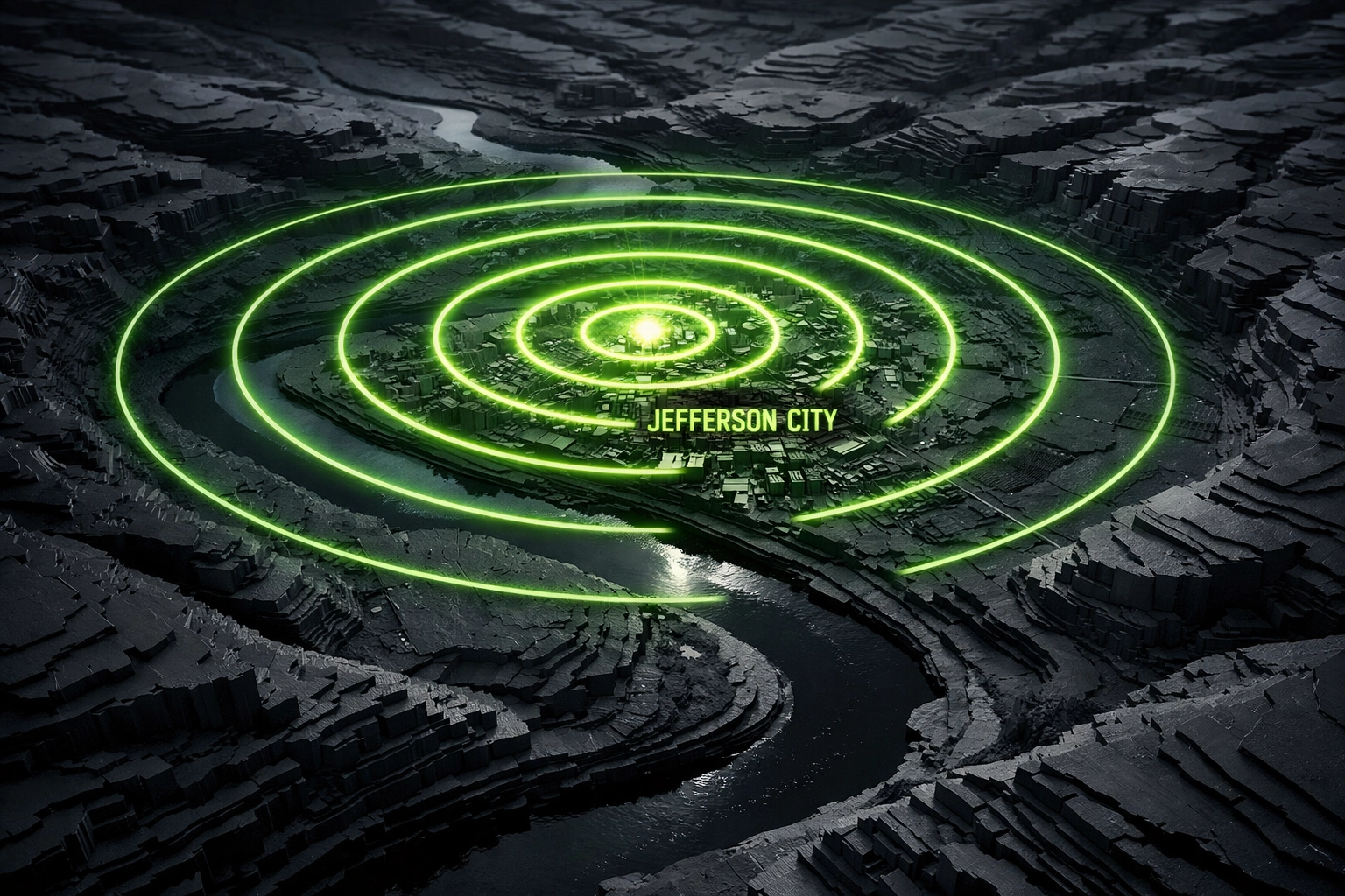Map of Jefferson City Missouri highlighting the 30-mile service radius for local electricians.