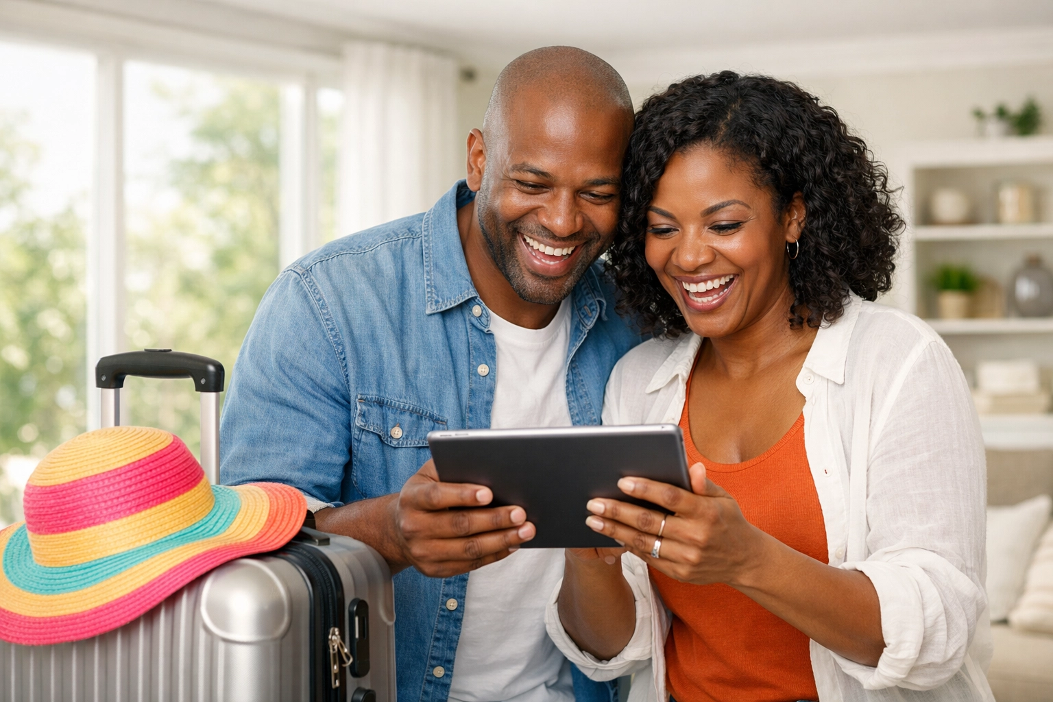 Satisfied clients reviewing vacation photos on a tablet after a trip planned by an Omaha travel agent.