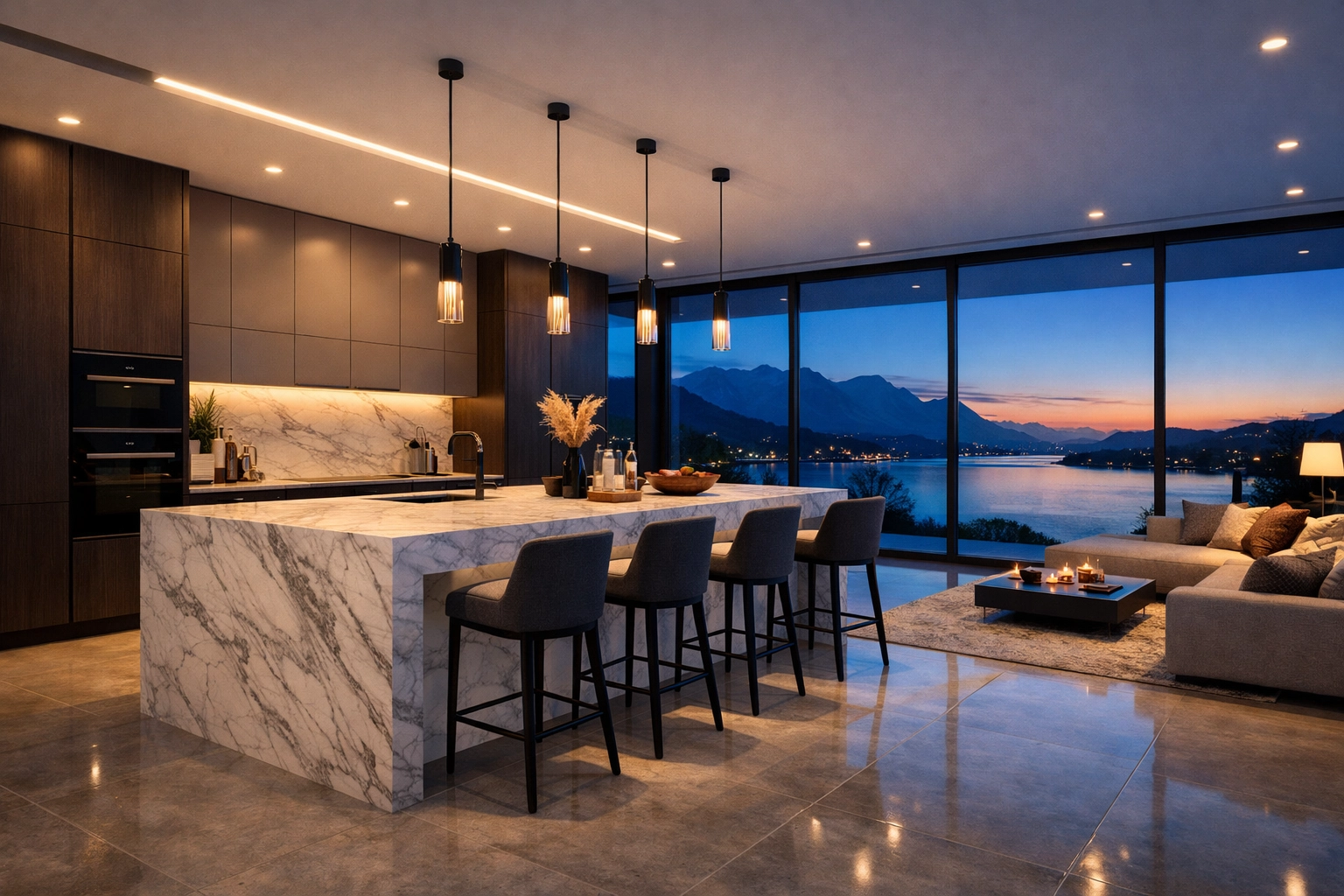 Luxury open plan kitchen featuring a large marble island and floor-to-ceiling cabinetry in a professional showroom.