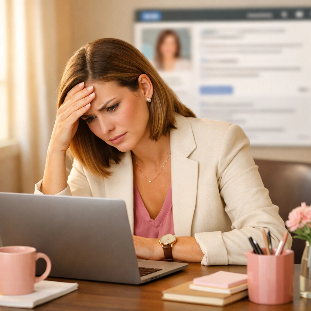 Frustrated professional struggling with LinkedIn lead generation strategy at her desk