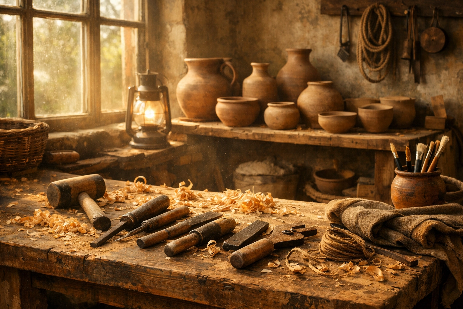 A sunlit artisan workshop showcasing the traditional craftsmanship of handmade home decor.