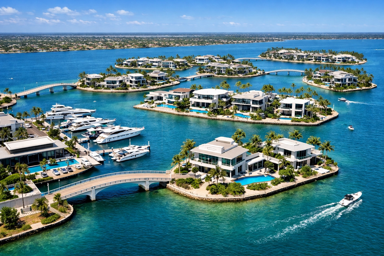 Aerial view of Seven Islands waterfront development in Northwest Cape Coral showing luxury villas and marinas.