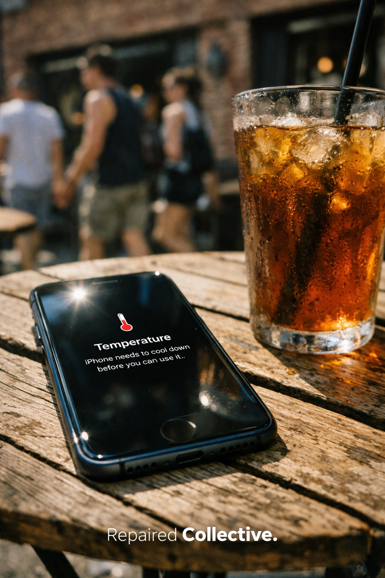 Overheating iPhone displaying a cooling warning on a sunny bistro table in Williamsburg, Brooklyn.